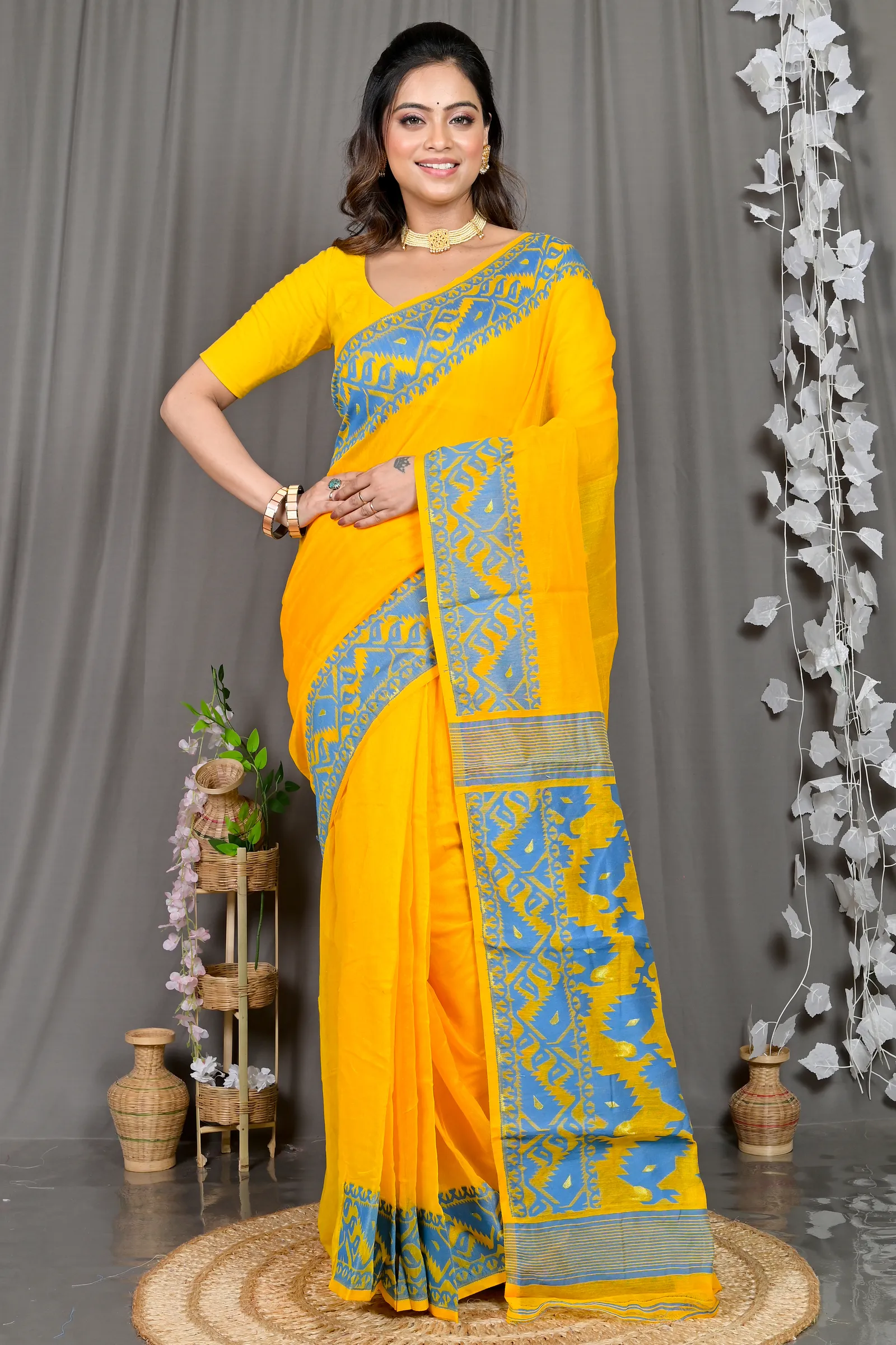 DipDiya Cotton Blended Yellow Blue Parv Masterfully Woven Jamdani Sarees