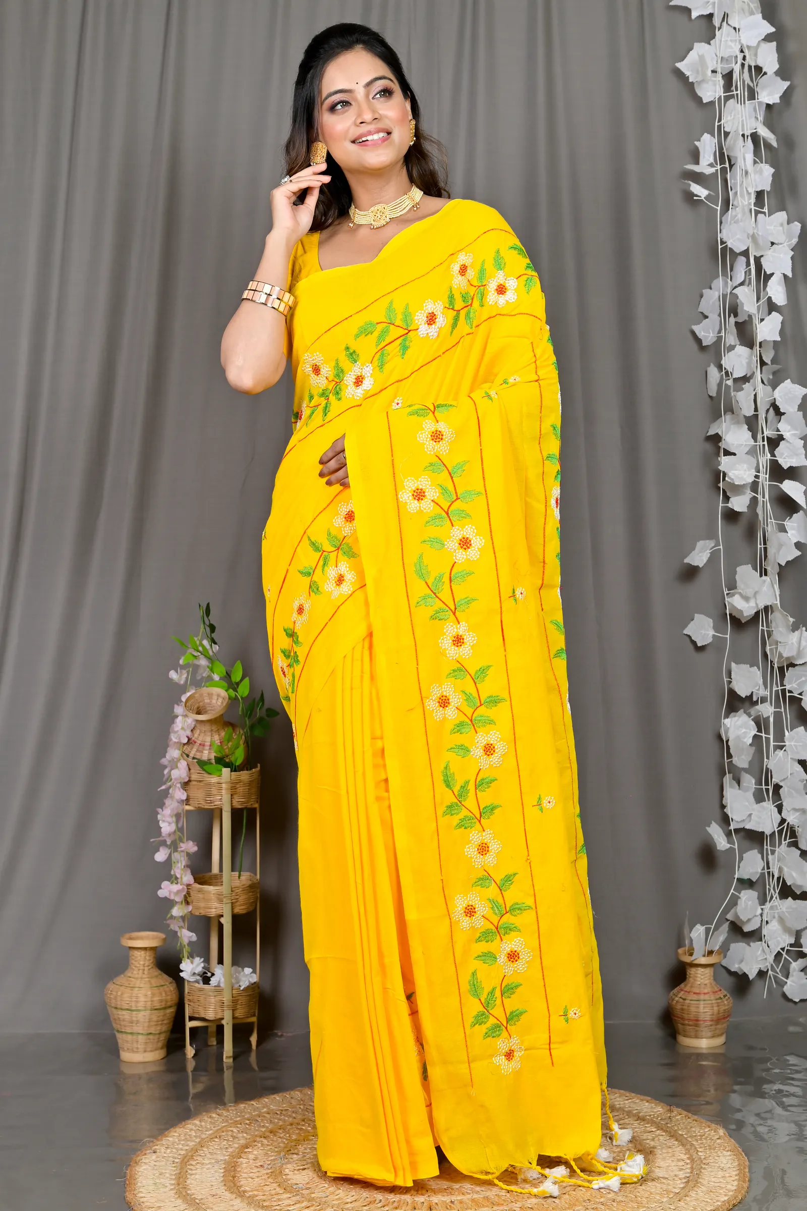 DipDiya Cotton Blended Yellow Paraya Classic Bengali Embroidery Handloom sarees