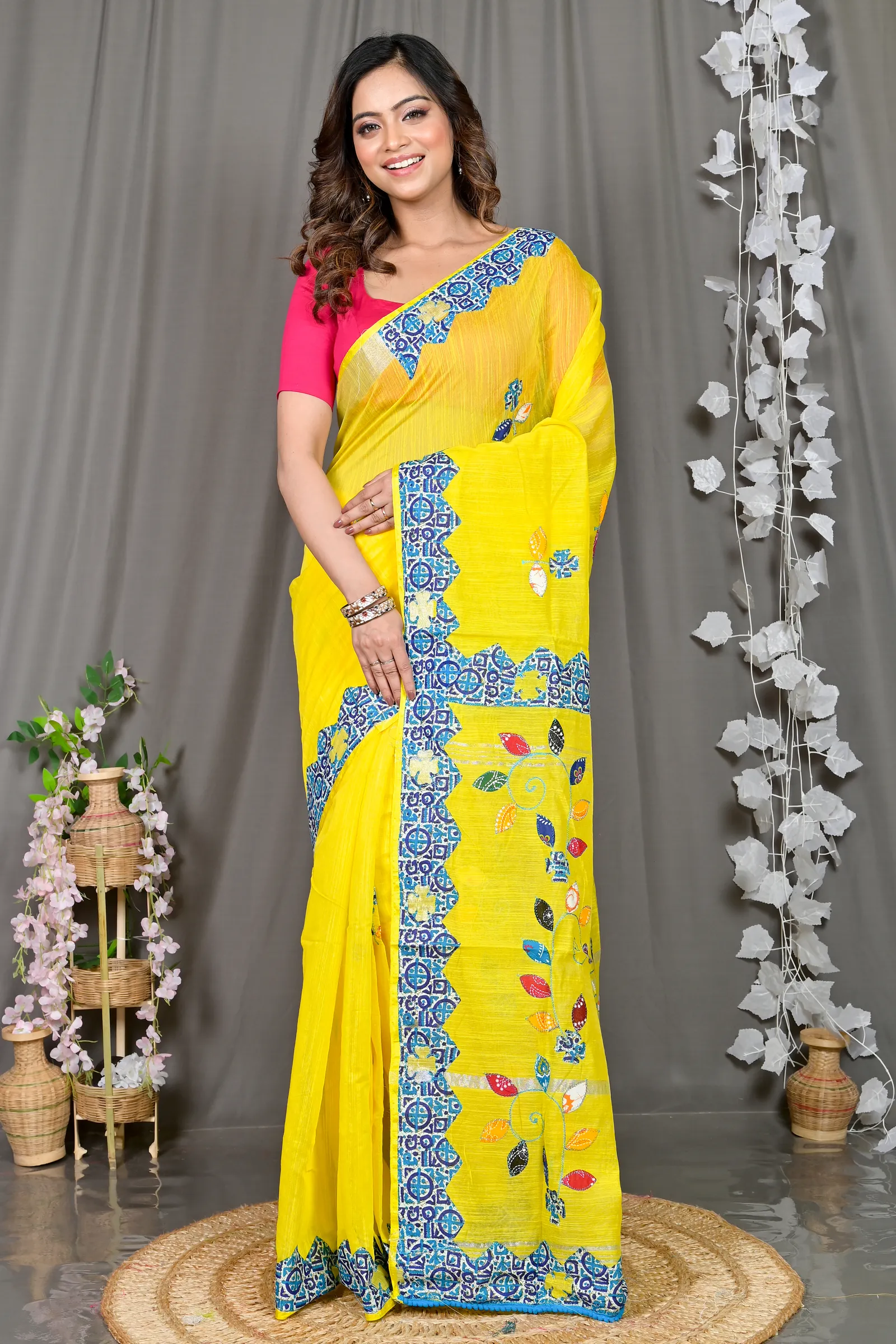 DipDiya Cotton Blended Yellow Parik Threads of Tradition Applique Sarees