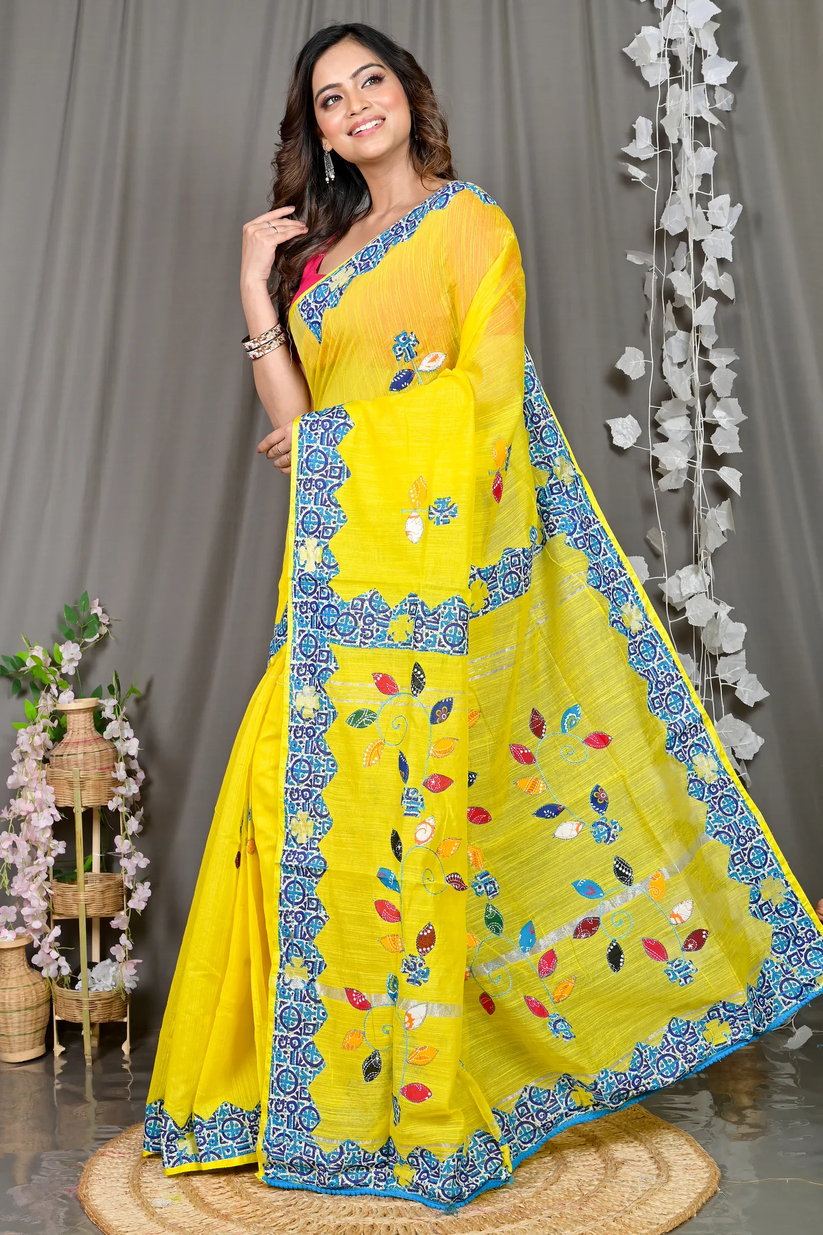 DipDiya Cotton Blended Yellow Parik Threads of Tradition Applique Sarees