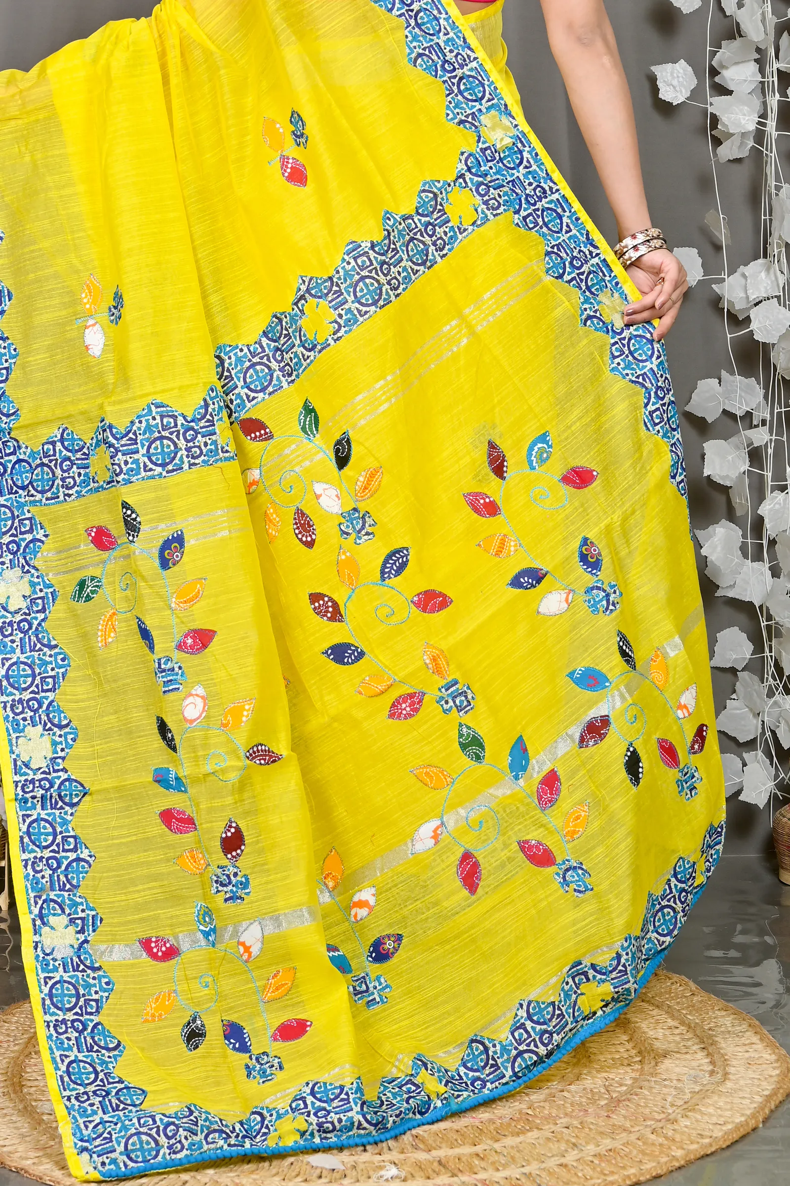 DipDiya Cotton Blended Yellow Parik Threads of Tradition Applique Sarees
