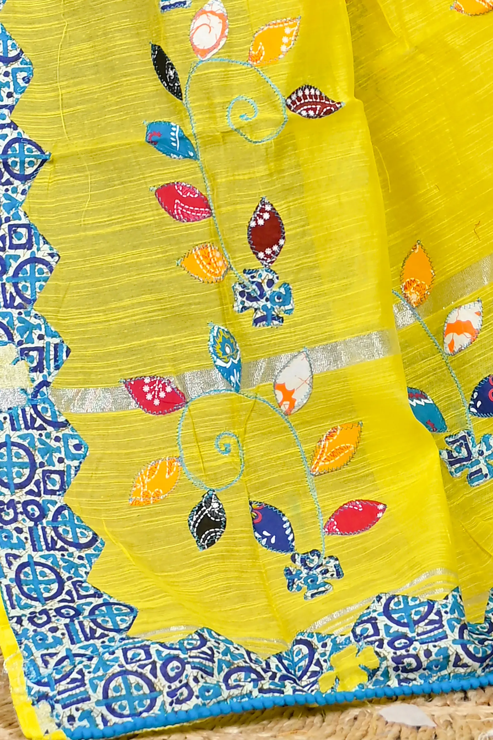 DipDiya Cotton Blended Yellow Parik Threads of Tradition Applique Sarees