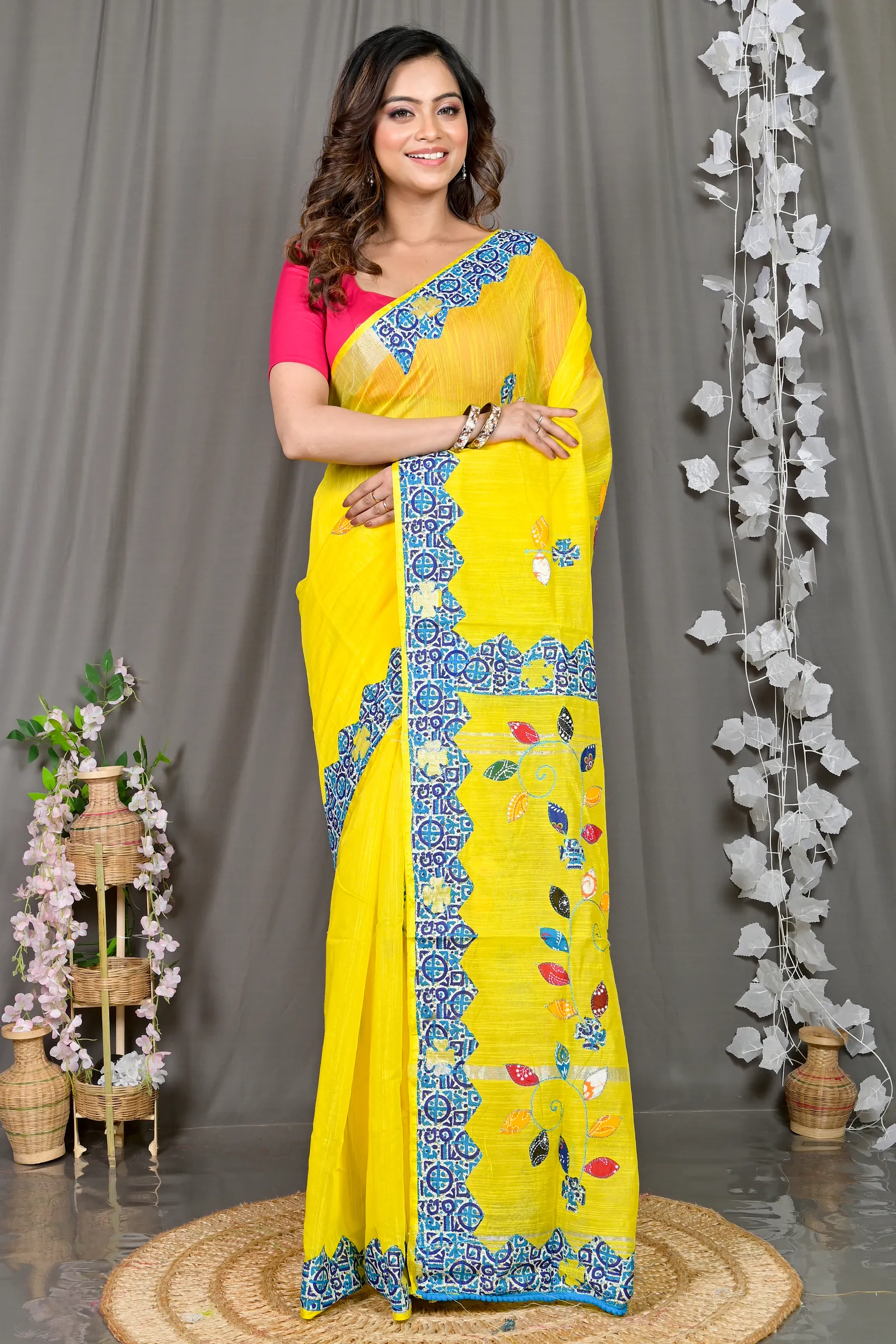 DipDiya Cotton Blended Yellow Parik Threads of Tradition Applique Sarees