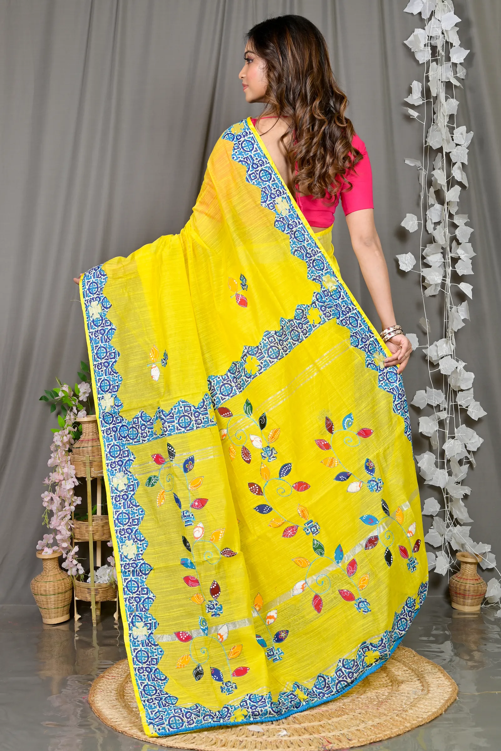 DipDiya Cotton Blended Yellow Parik Threads of Tradition Applique Sarees