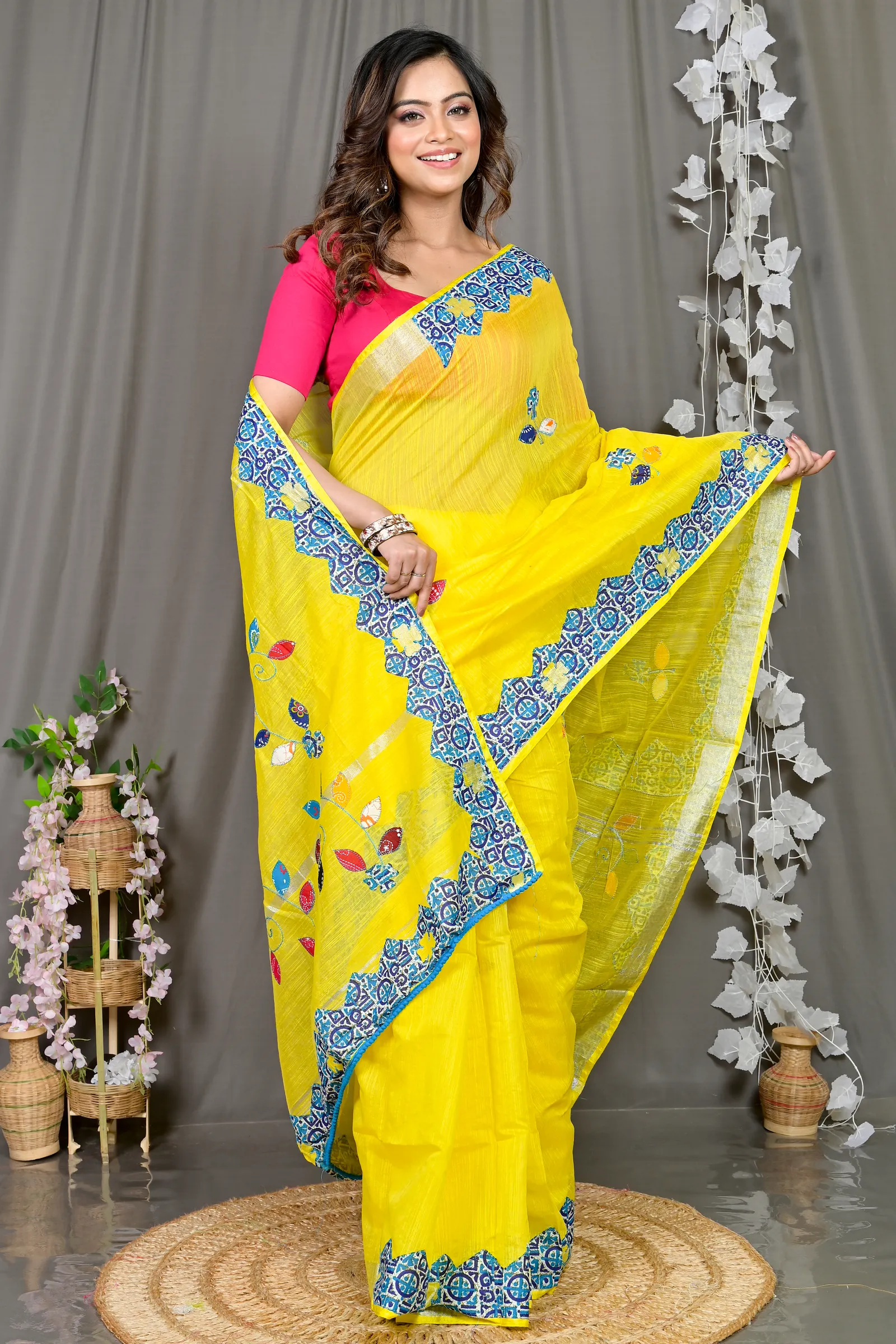 DipDiya Cotton Blended Yellow Parik Threads of Tradition Applique Sarees