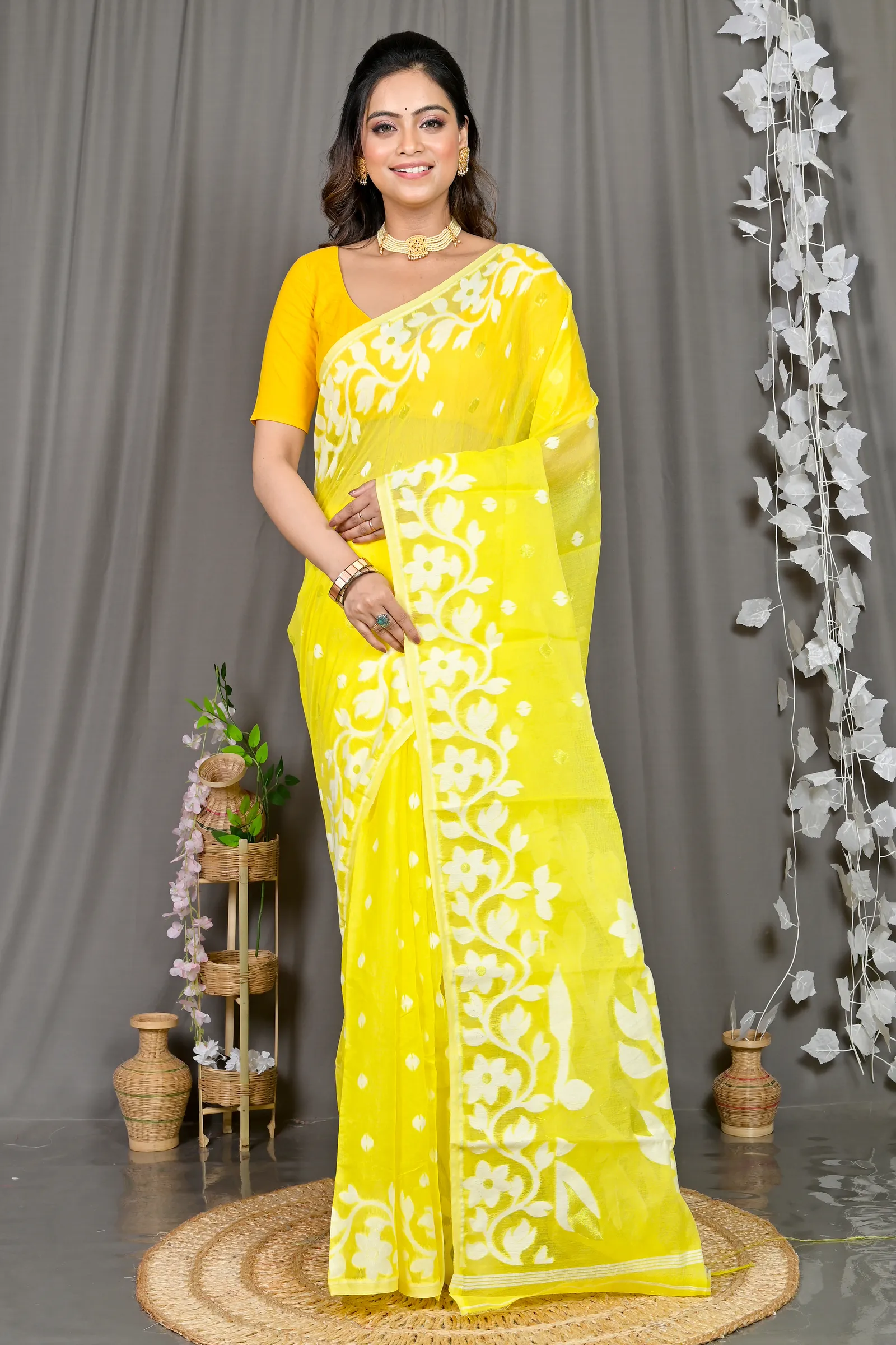 DipDiya Cotton Blended Yellow Parinit A Legacy Woven Jamdani Sarees