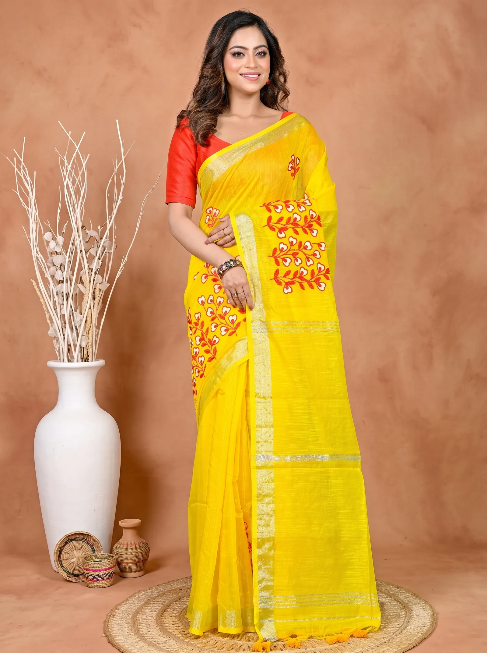DipDiya Cotton Blended Yellow Paroni Woven with Love Embroidery Handloom sarees