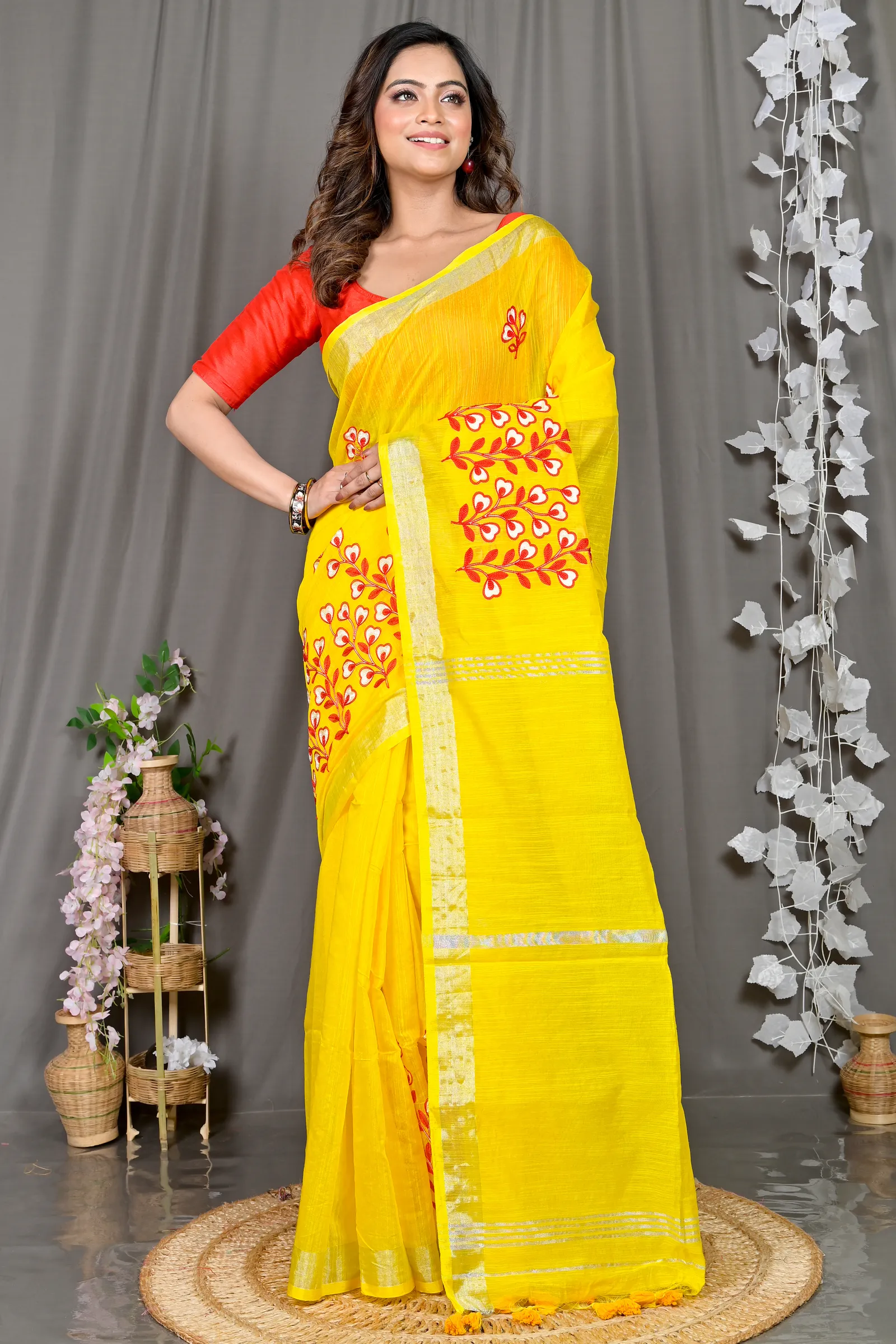 DipDiya Cotton Blended Yellow Paroni Woven with Love Embroidery Handloom sarees