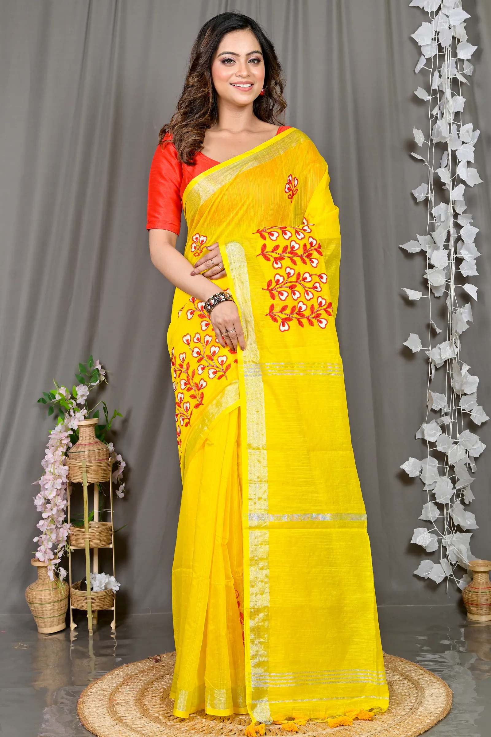 DipDiya Cotton Blended Yellow Paroni Woven with Love Embroidery Handloom sarees