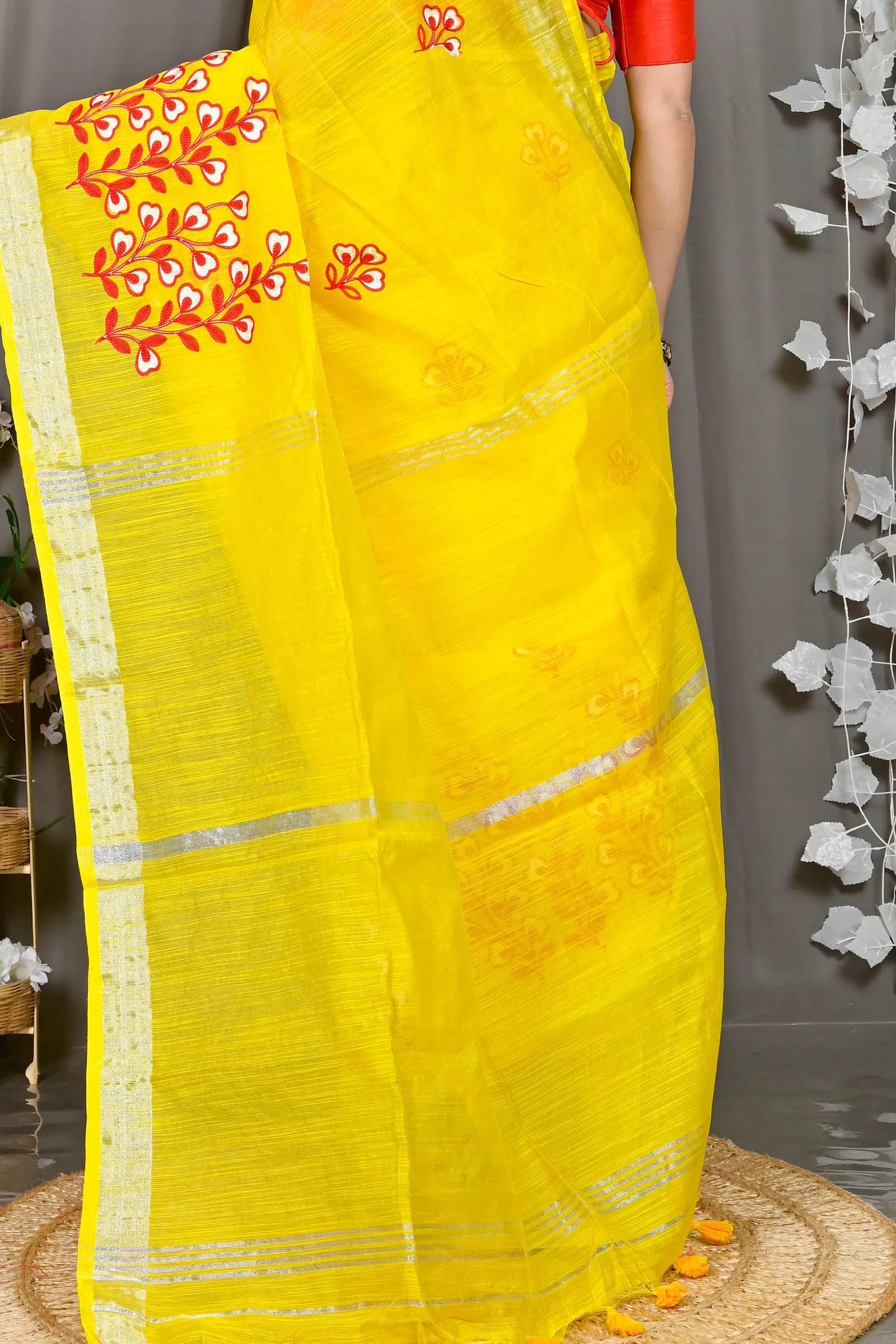 DipDiya Cotton Blended Yellow Paroni Woven with Love Embroidery Handloom sarees