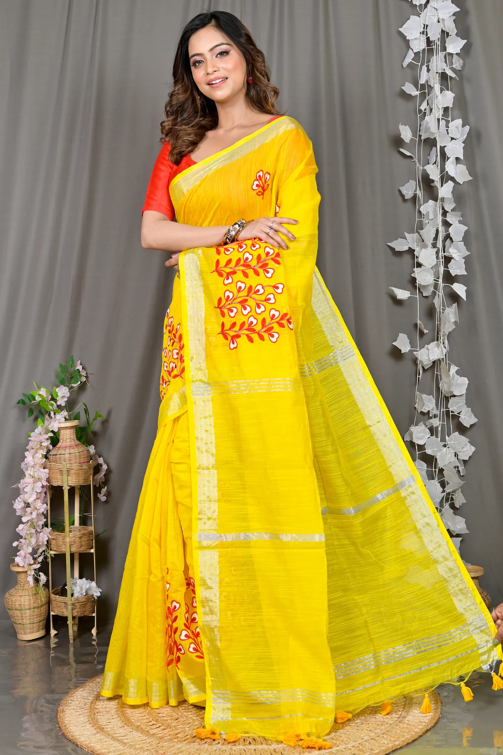 DipDiya Cotton Blended Yellow Paroni Woven with Love Embroidery Handloom sarees