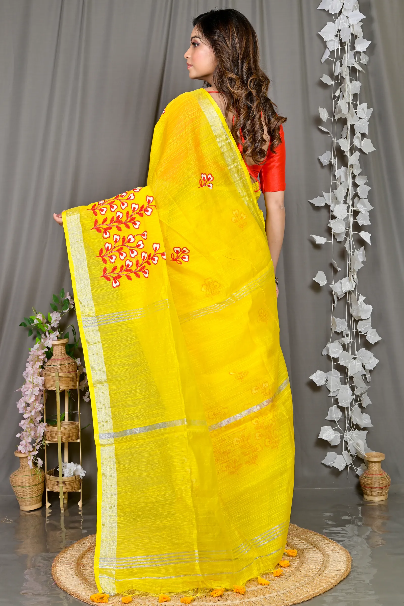 DipDiya Cotton Blended Yellow Paroni Woven with Love Embroidery Handloom sarees