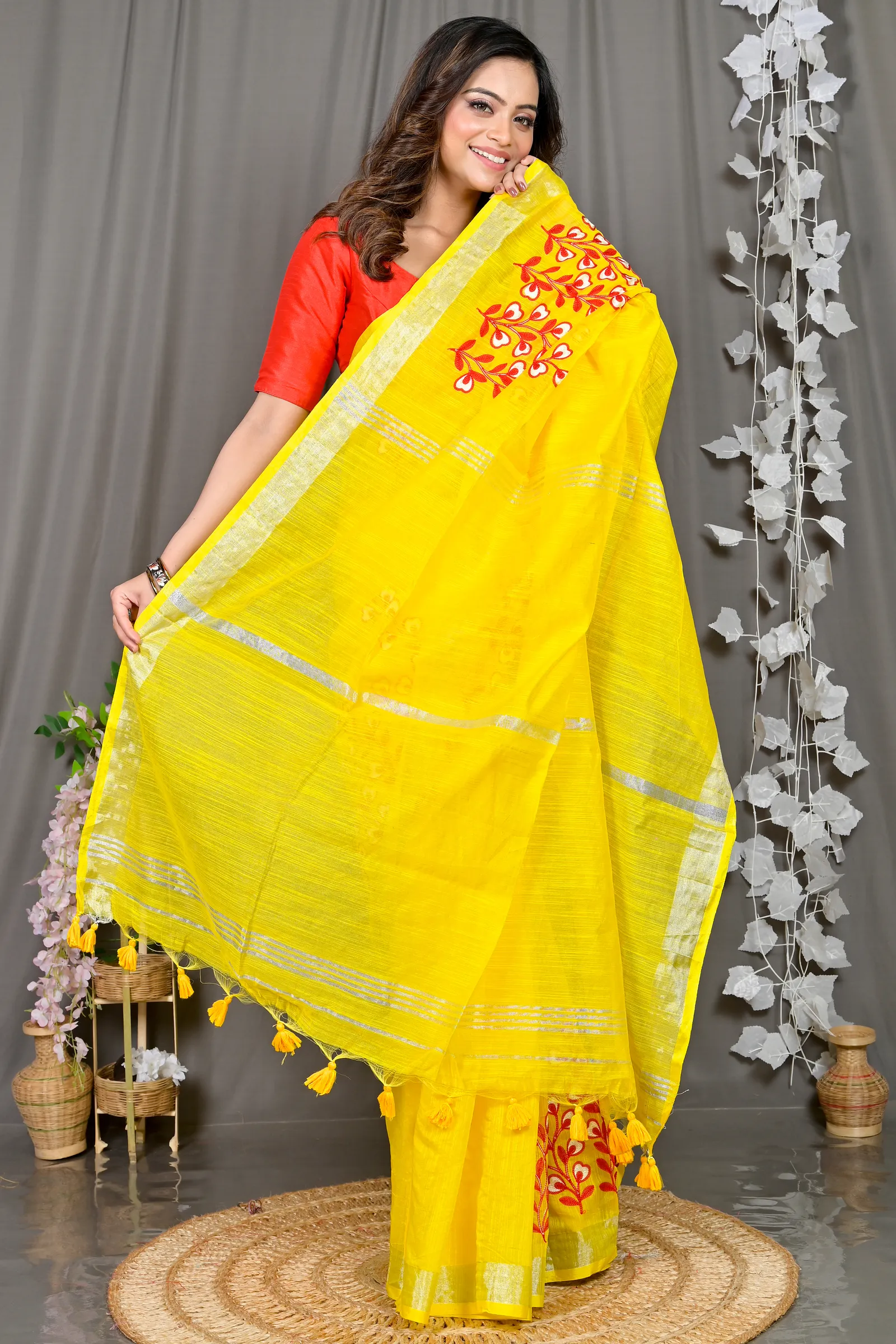 DipDiya Cotton Blended Yellow Paroni Woven with Love Embroidery Handloom sarees