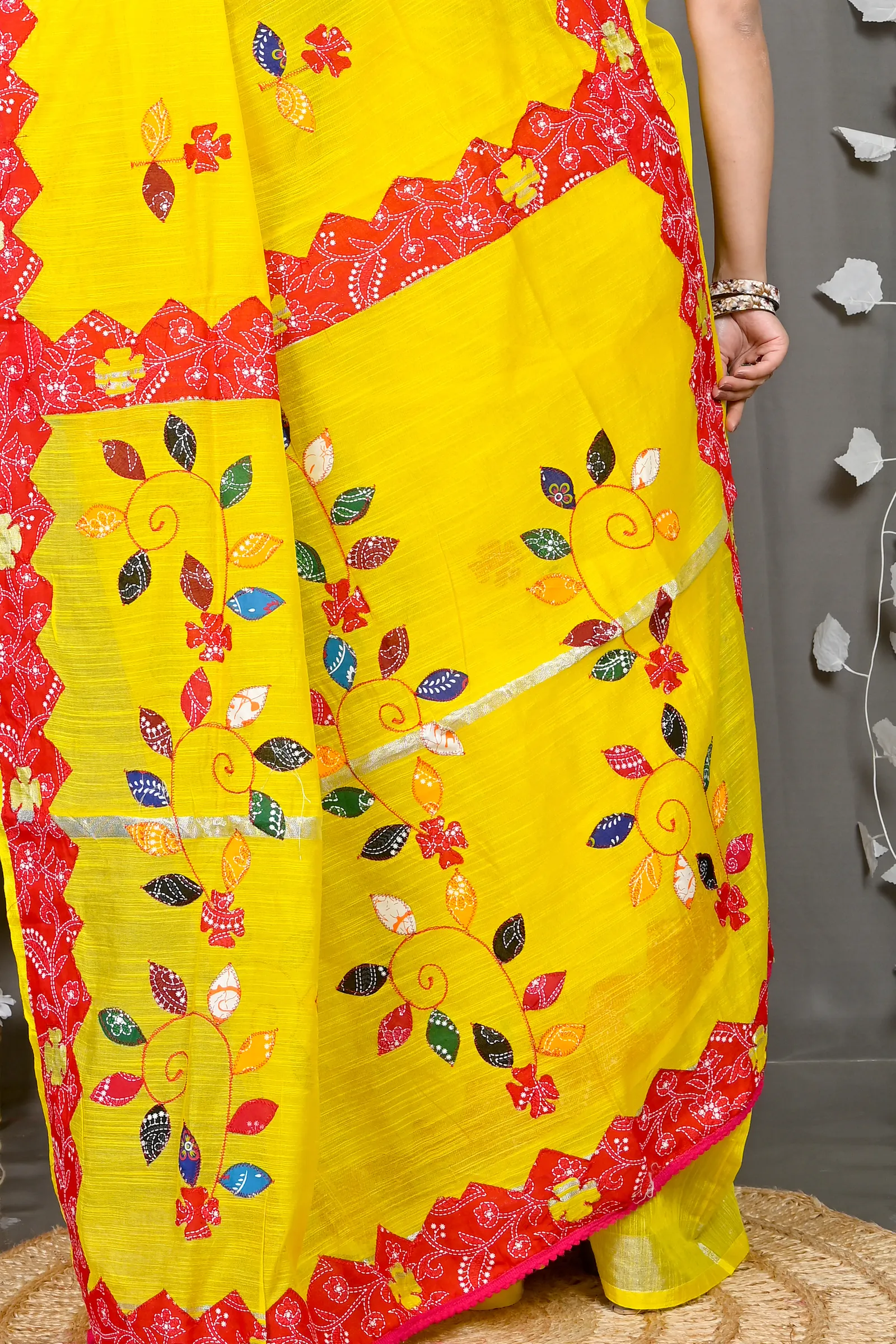 DipDiya Cotton Blended Yellow Red Parik The Bengali Classic Applique Sarees