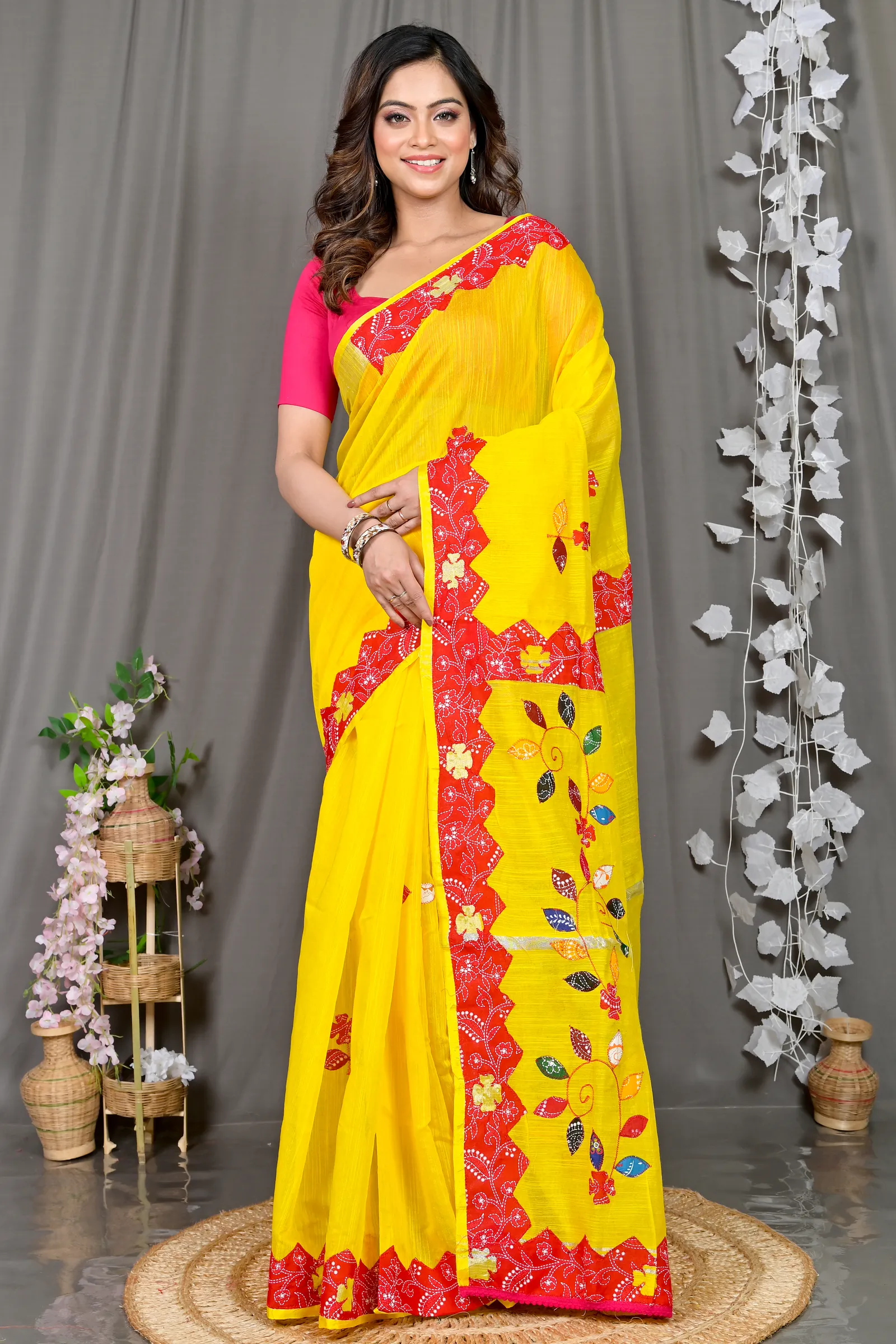 DipDiya Cotton Blended Yellow Red Parik The Bengali Classic Applique Sarees