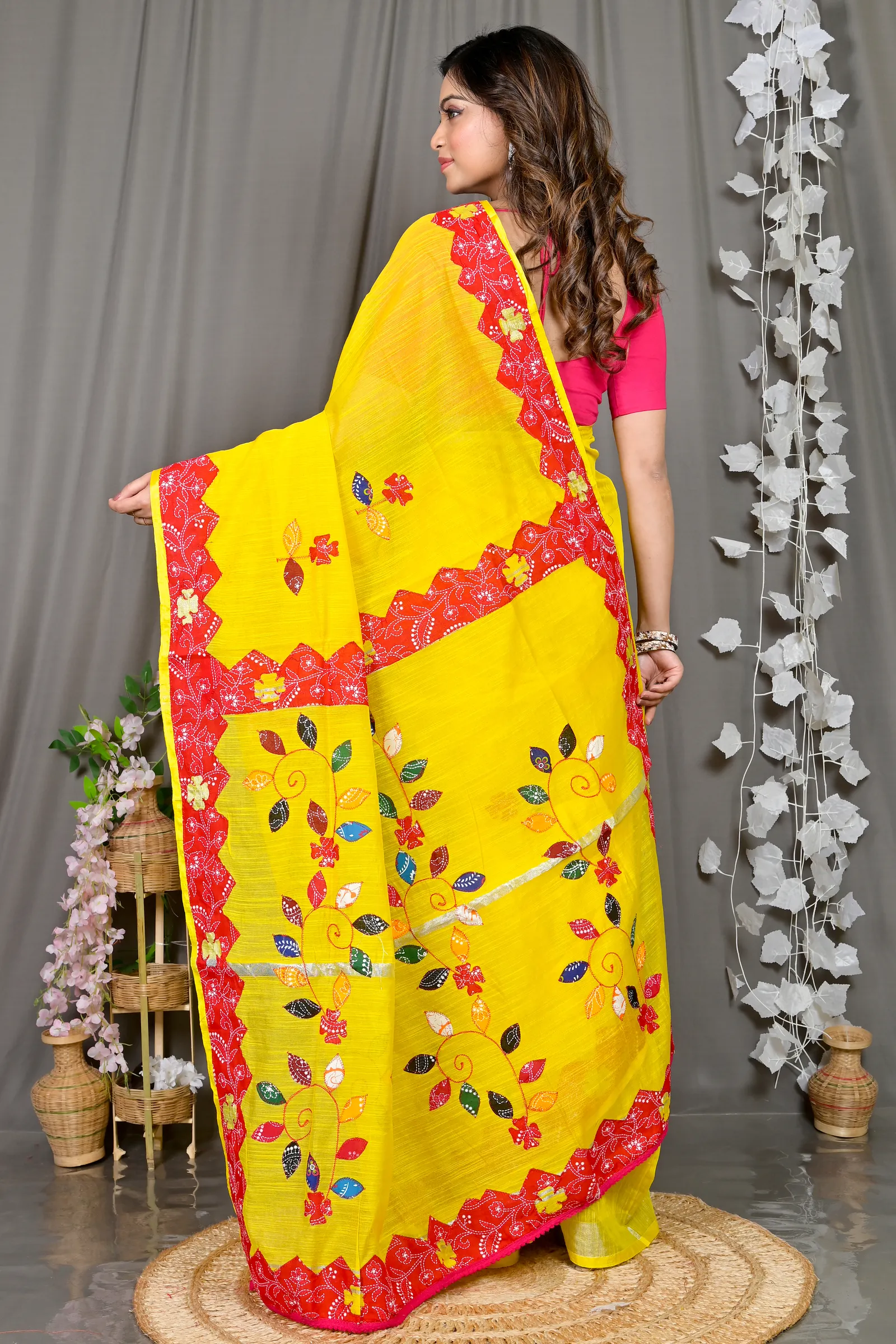 DipDiya Cotton Blended Yellow Red Parik The Bengali Classic Applique Sarees