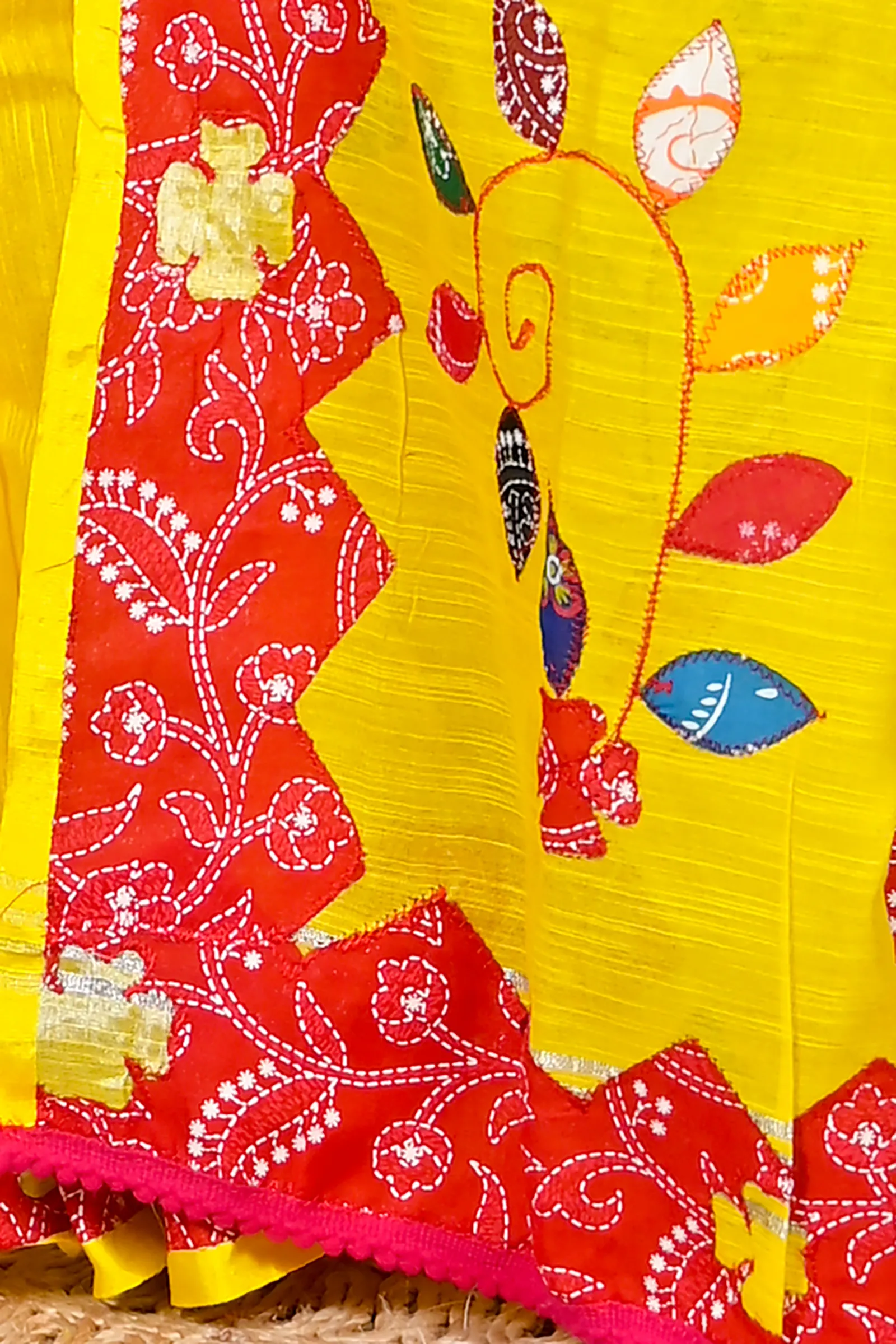 DipDiya Cotton Blended Yellow Red Parik The Bengali Classic Applique Sarees