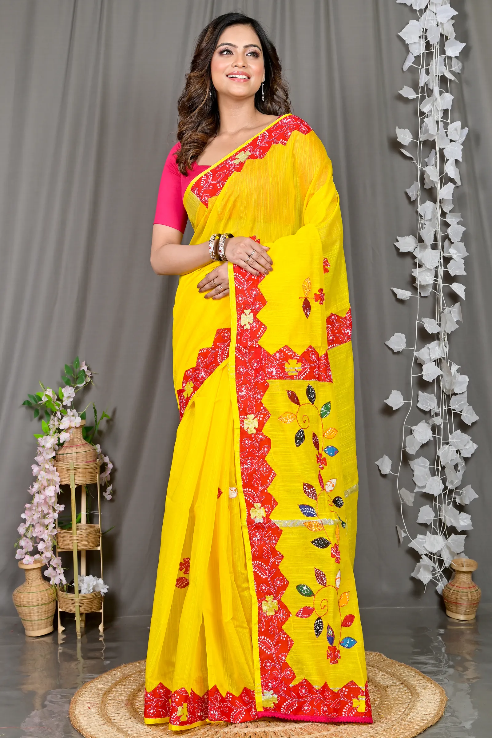 DipDiya Cotton Blended Yellow Red Parik The Bengali Classic Applique Sarees
