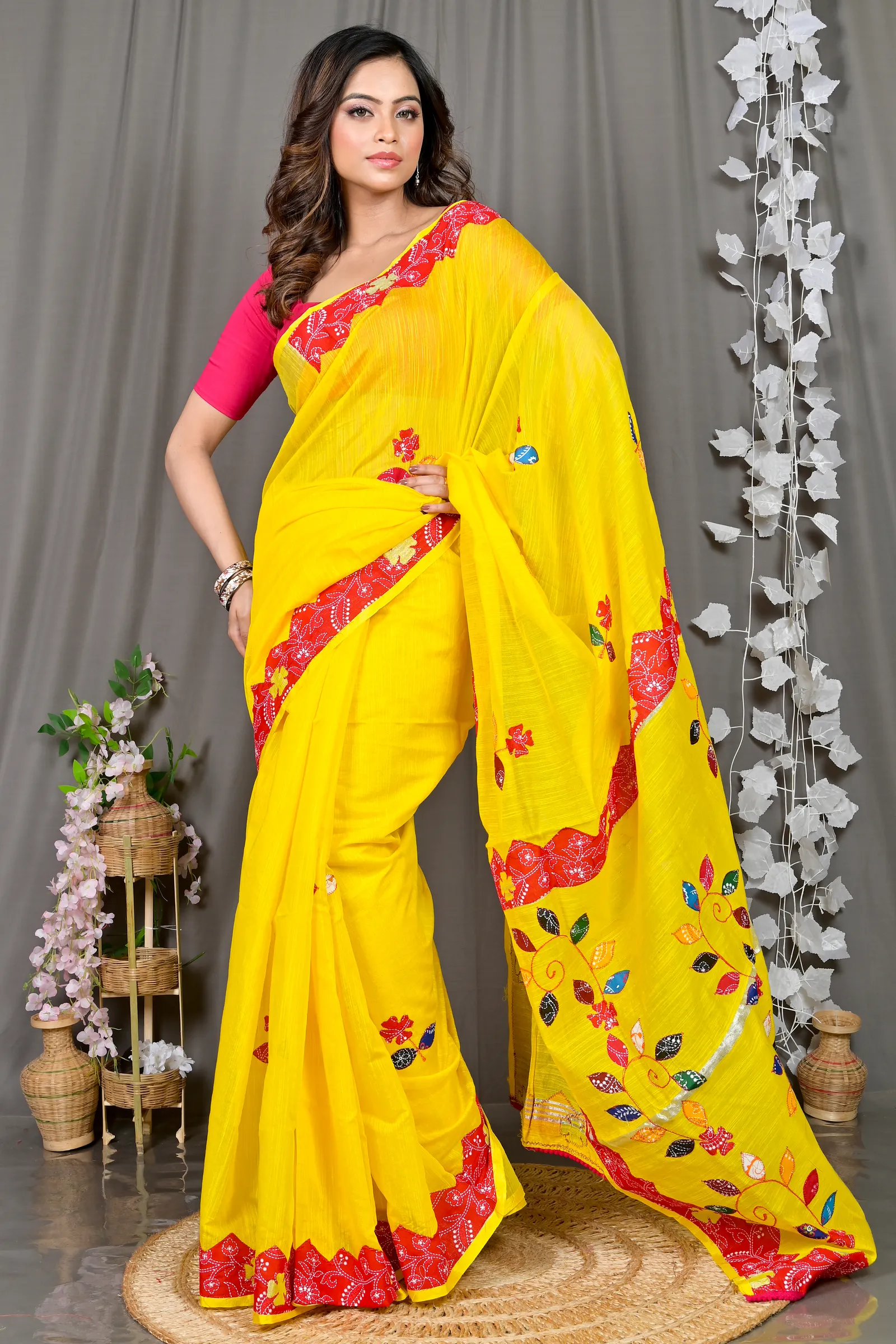 DipDiya Cotton Blended Yellow Red Parik The Bengali Classic Applique Sarees