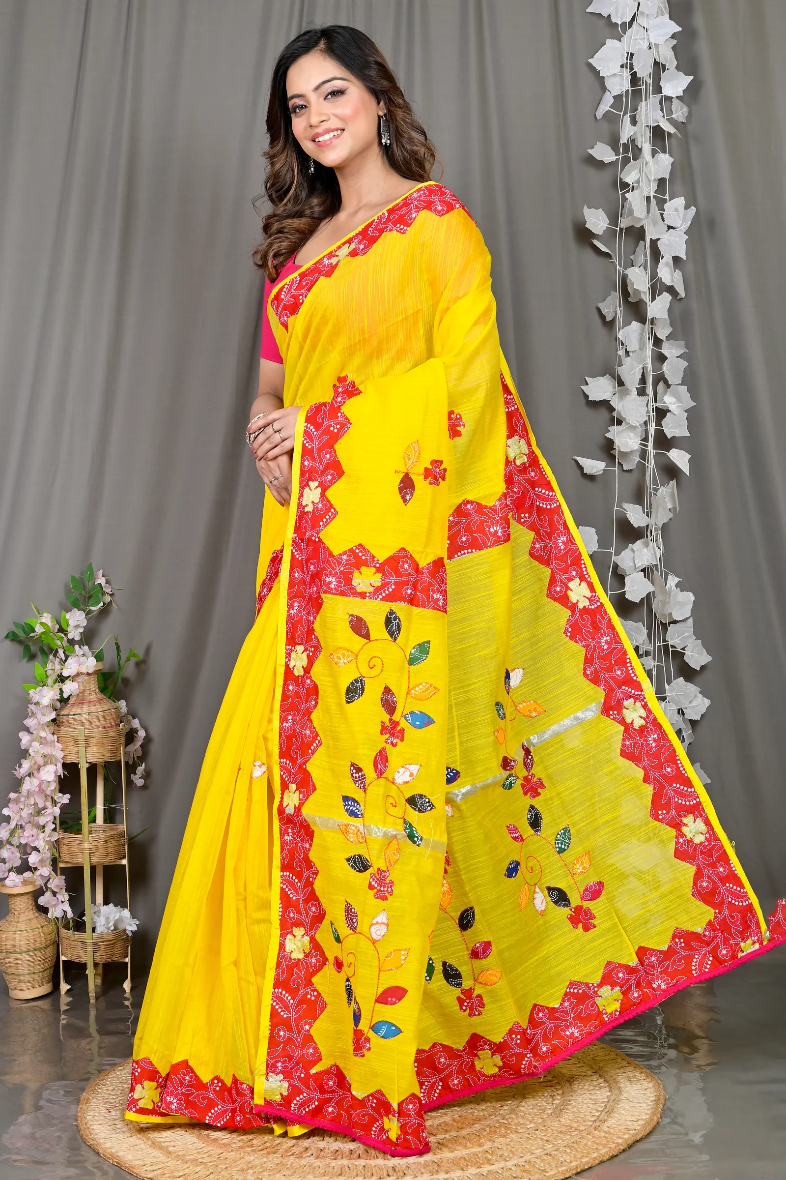 DipDiya Cotton Blended Yellow Red Parik The Bengali Classic Applique Sarees
