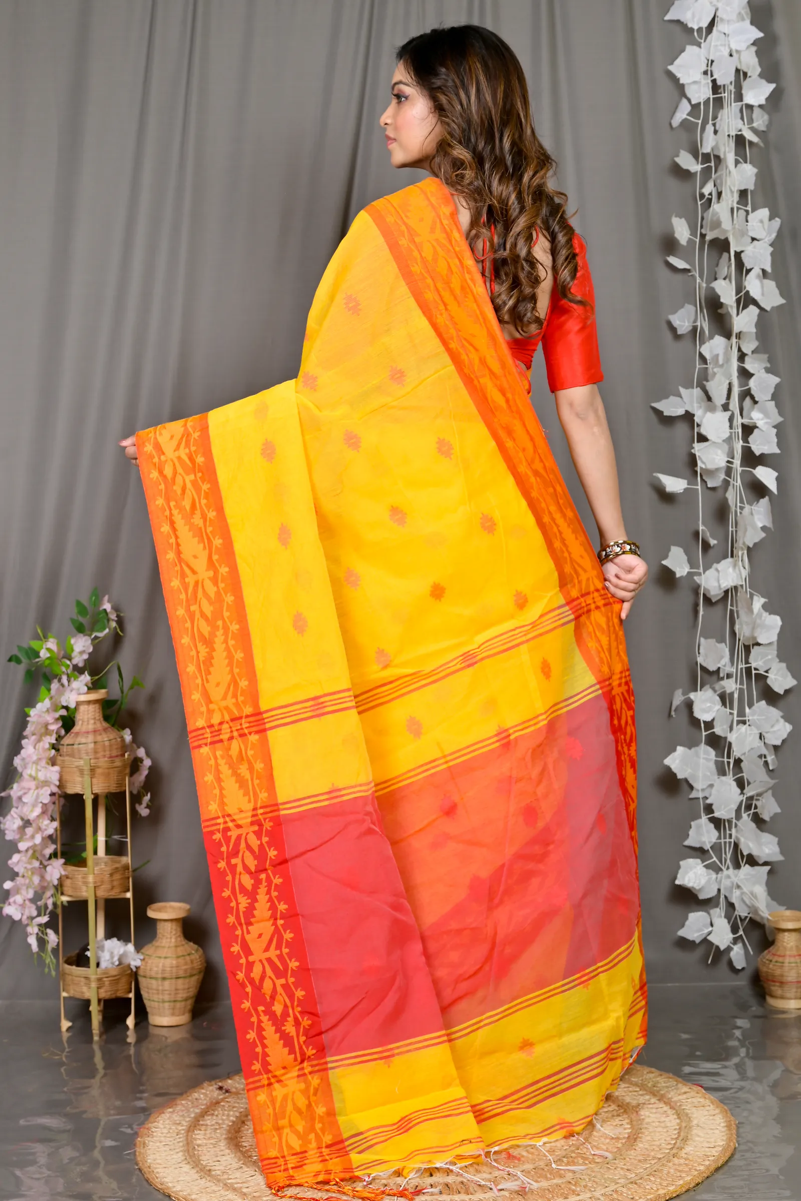 DipDiya Cotton Blended Yellow Red Parul Crafted with Soul Handloom Sarees