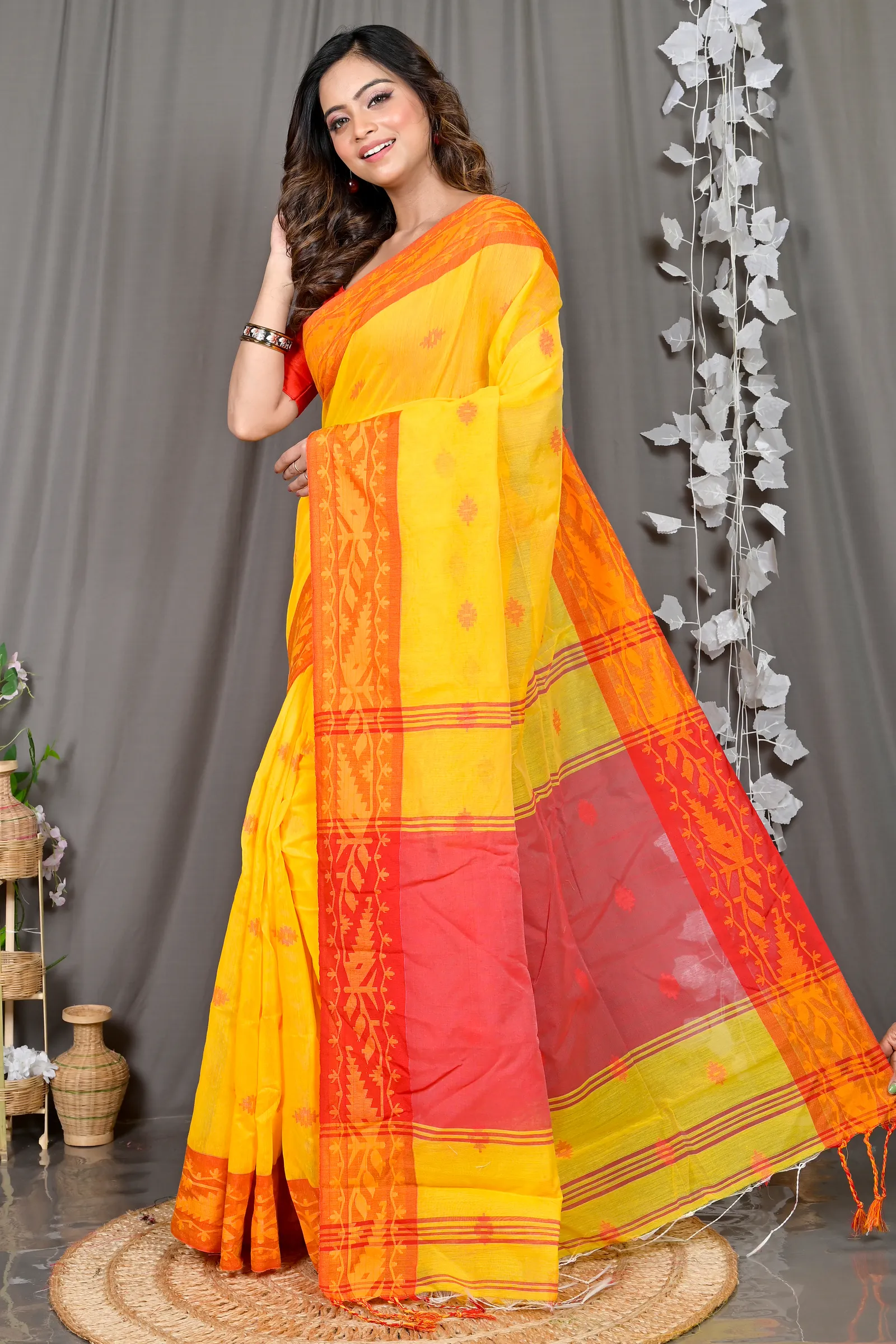 DipDiya Cotton Blended Yellow Red Parul Crafted with Soul Handloom Sarees