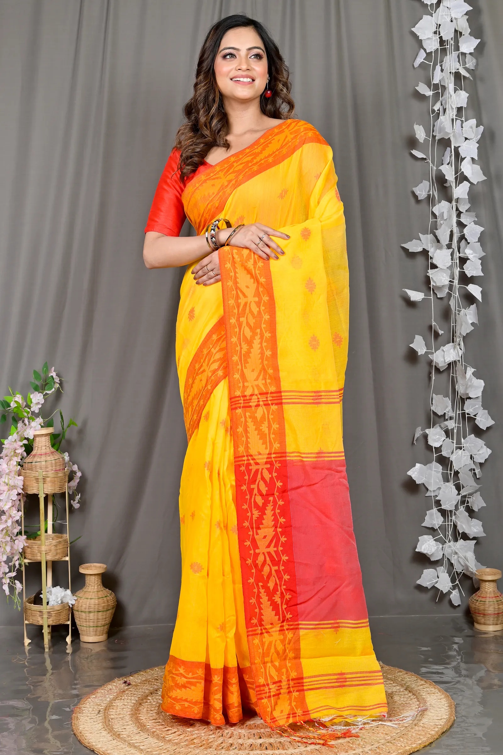 DipDiya Cotton Blended Yellow Red Parul Crafted with Soul Handloom Sarees
