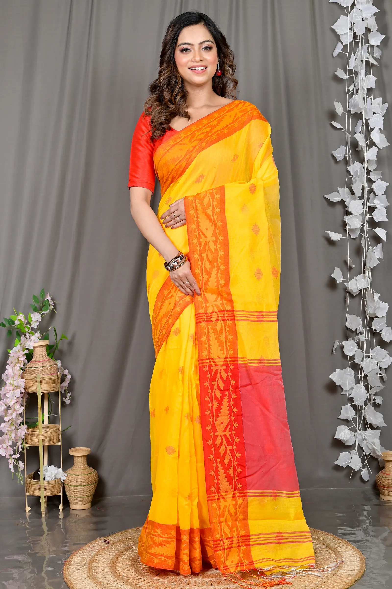 DipDiya Cotton Blended Yellow Red Parul Crafted with Soul Handloom Sarees