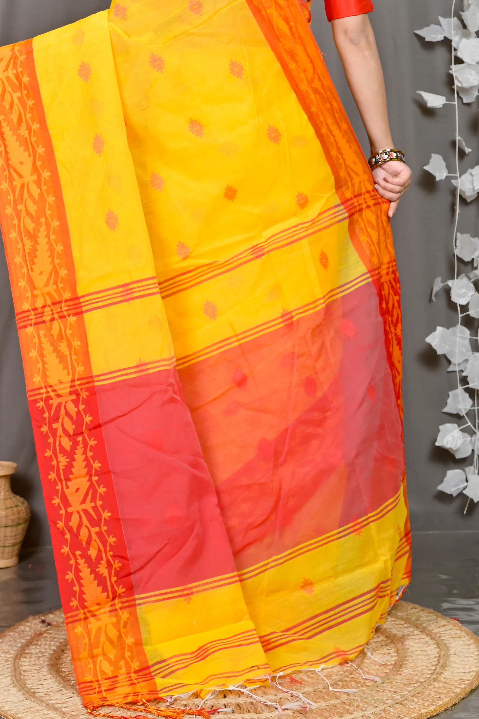 DipDiya Cotton Blended Yellow Red Parul Crafted with Soul Handloom Sarees