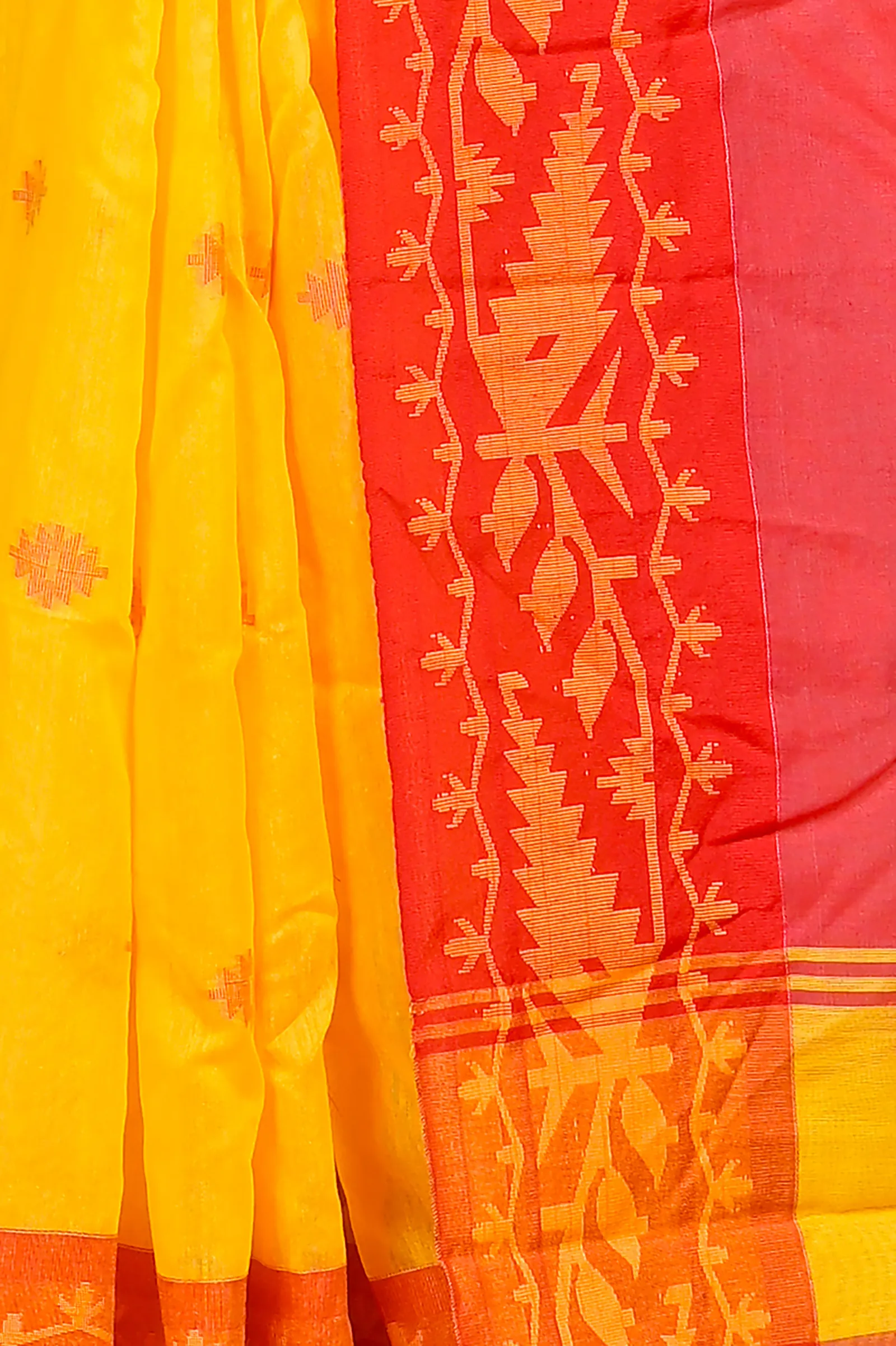 DipDiya Cotton Blended Yellow Red Parul Crafted with Soul Handloom Sarees