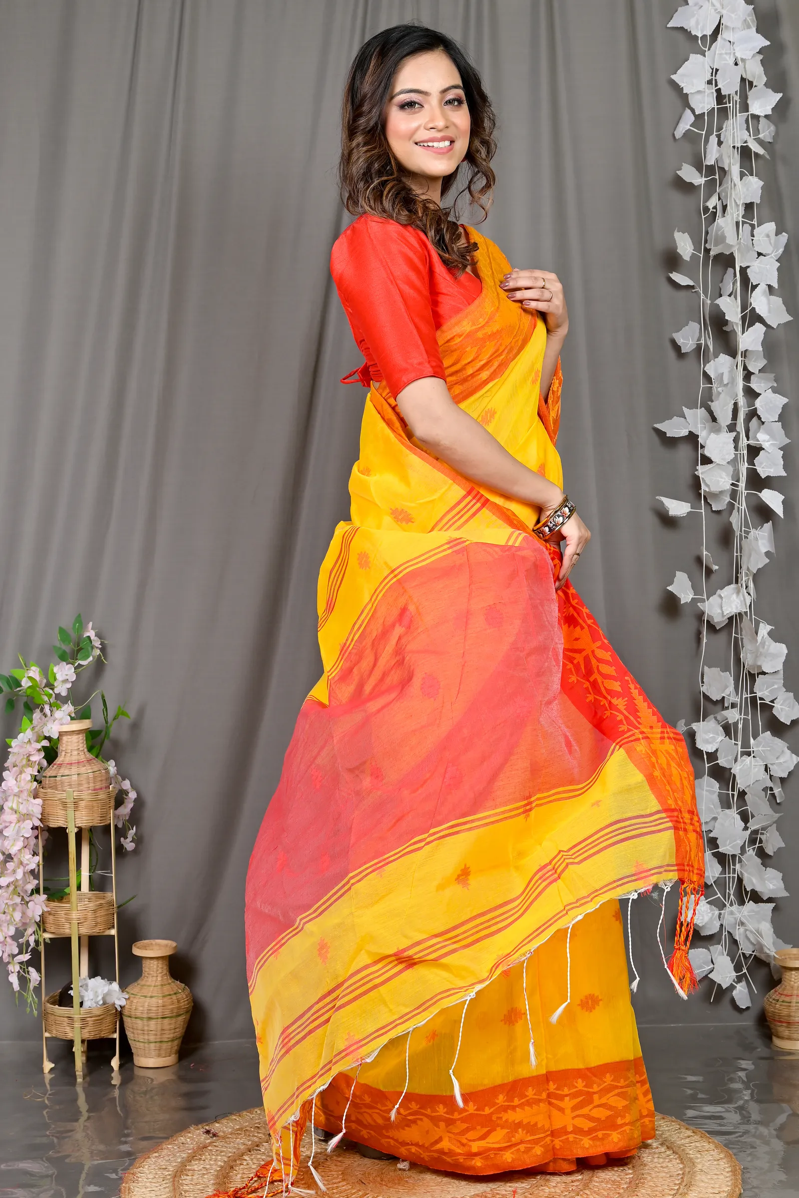 DipDiya Cotton Blended Yellow Red Parul Crafted with Soul Handloom Sarees