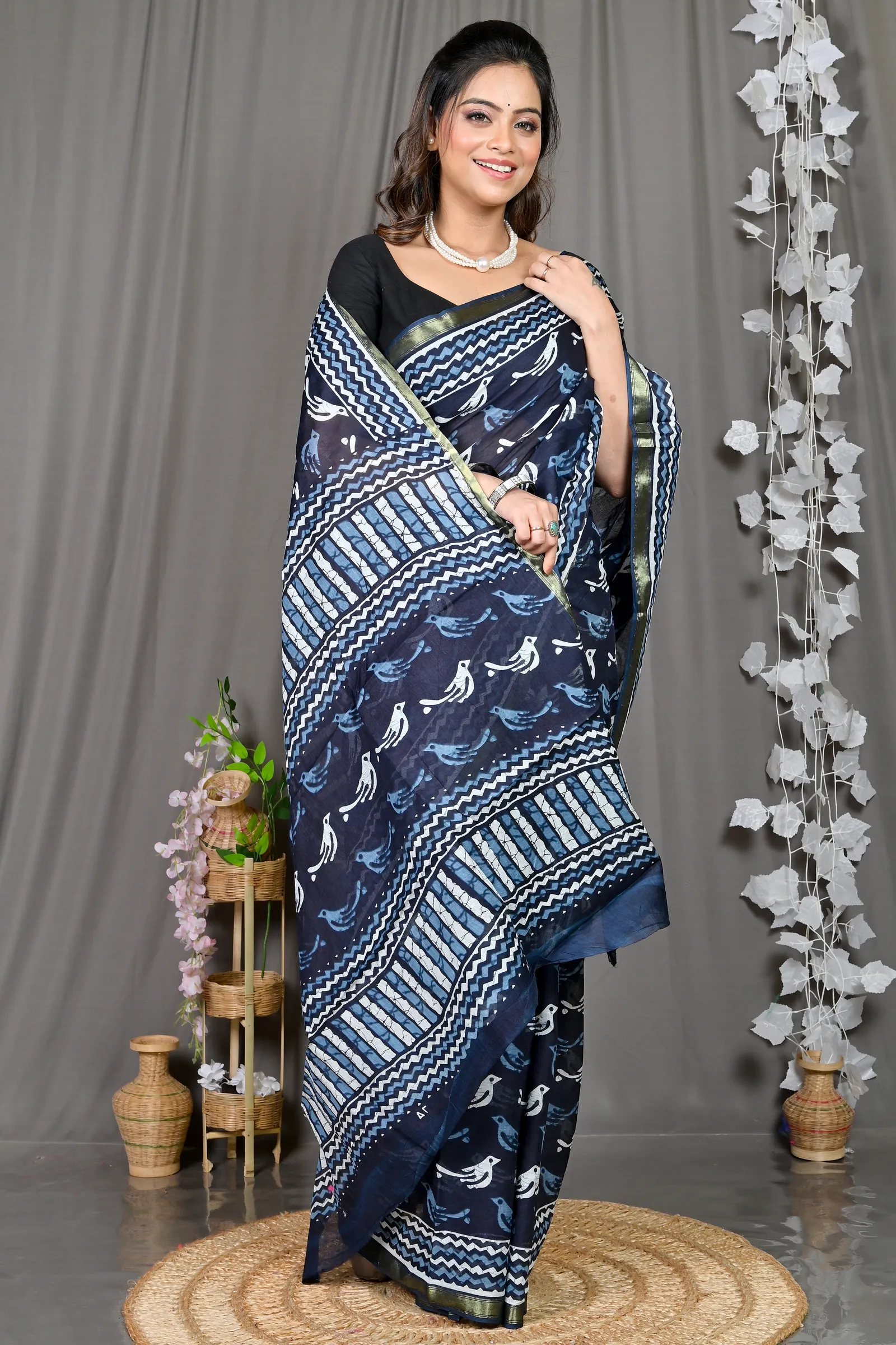 DipDiya Cotton Blue White Soumava Crafted in Bengal Printed Handloom Sarees