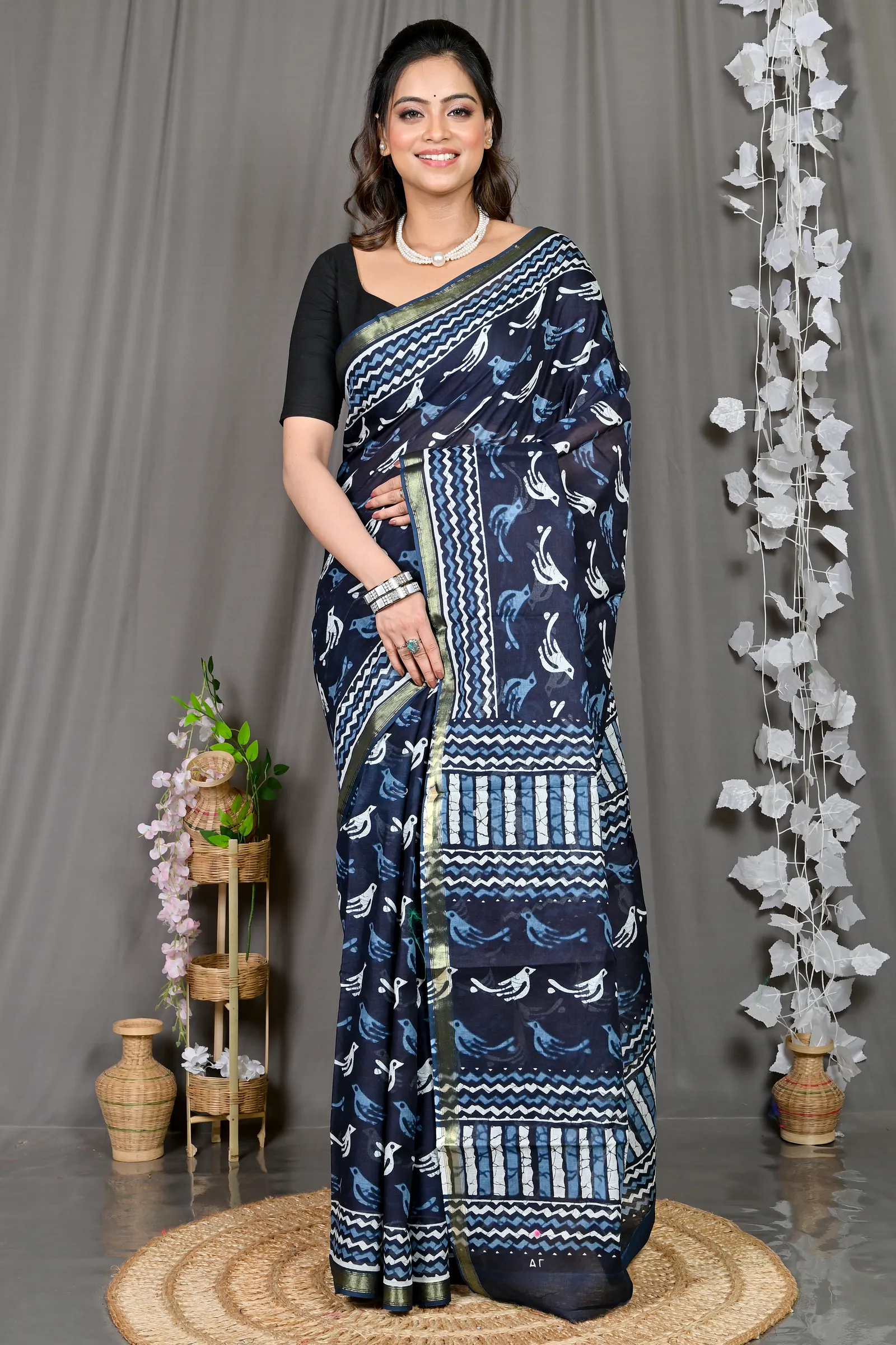 DipDiya Cotton Blue White Soumava Crafted in Bengal Printed Handloom Sarees