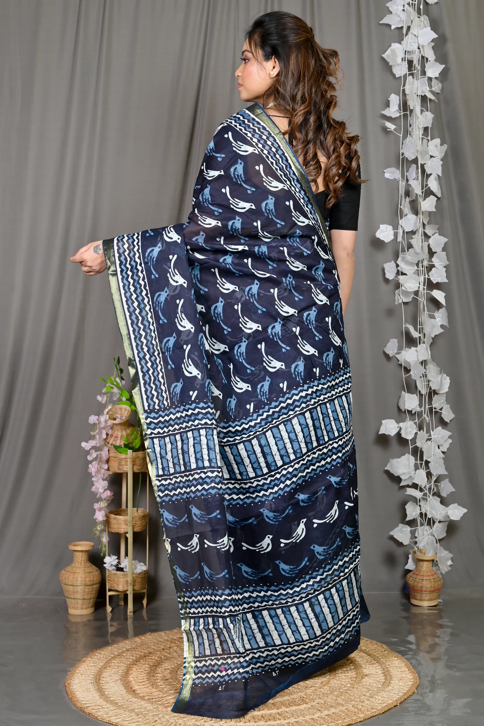 DipDiya Cotton Blue White Soumava Crafted in Bengal Printed Handloom Sarees