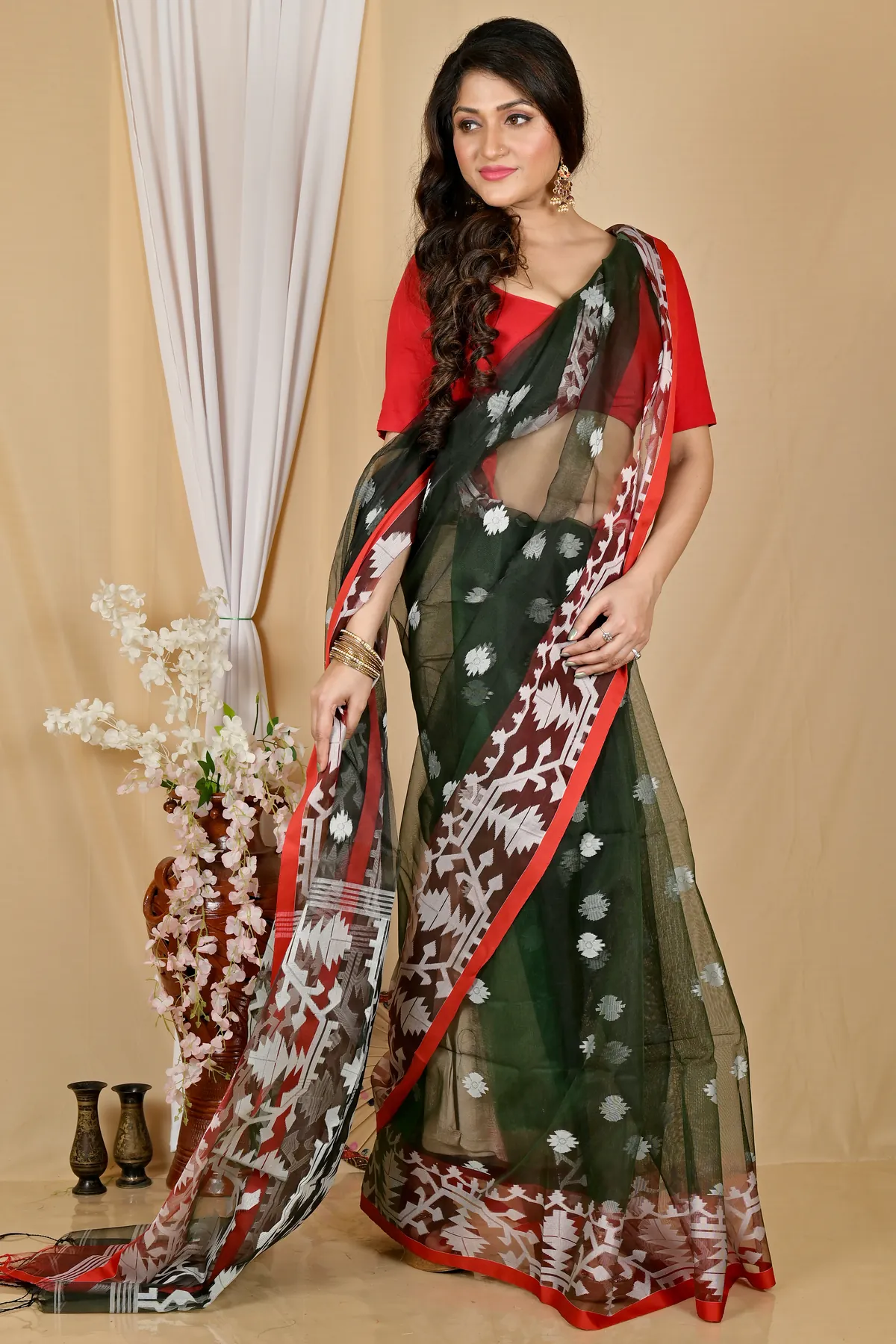 DipDiya Cotton Bottle Green Monimal Elegant by Tradition Muslin sarees