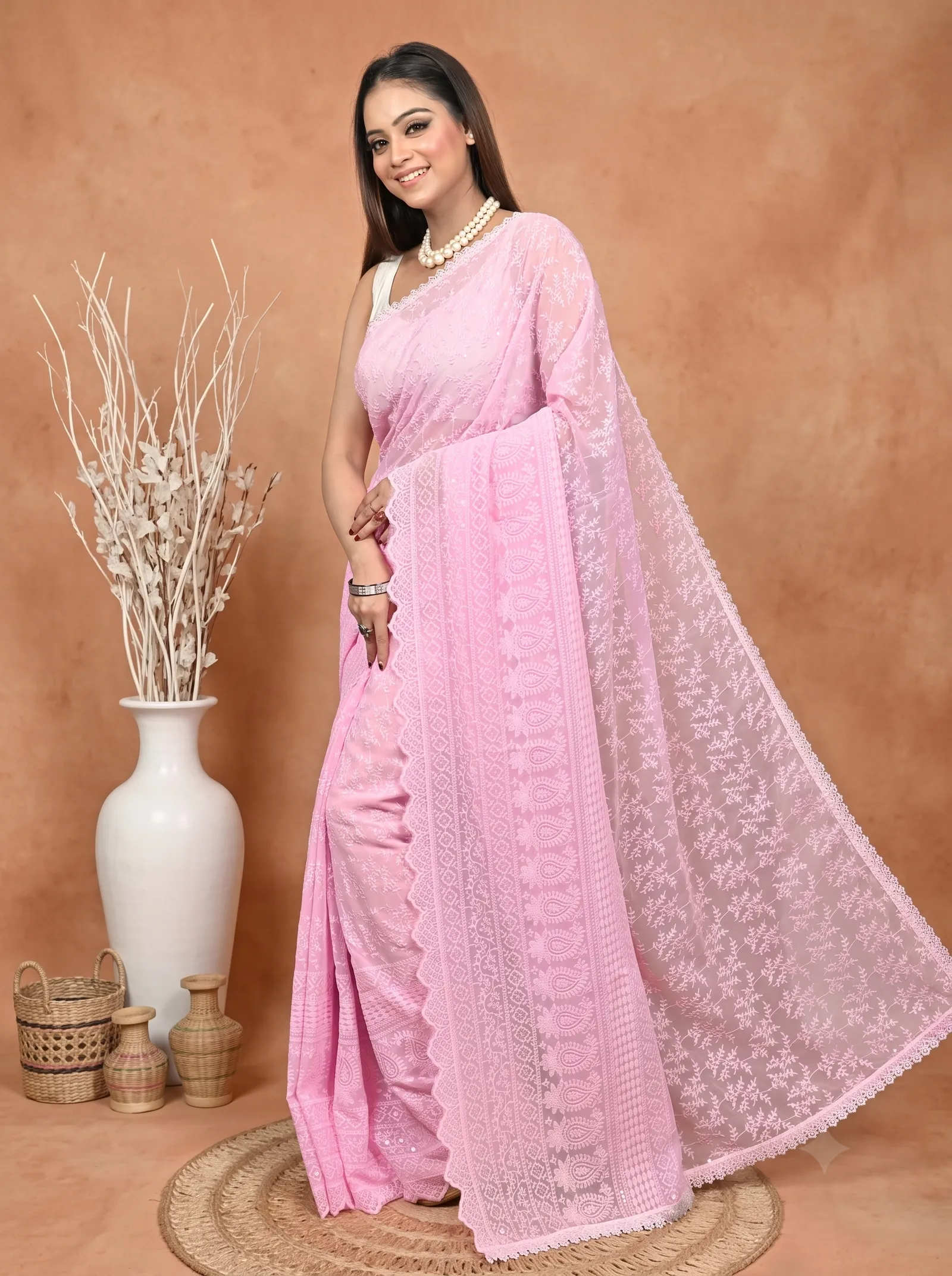 DipDiya Cotton Chikankari  Traditional Bengali Baby Pink Artisan Crafted Parmon Chikankari Saree