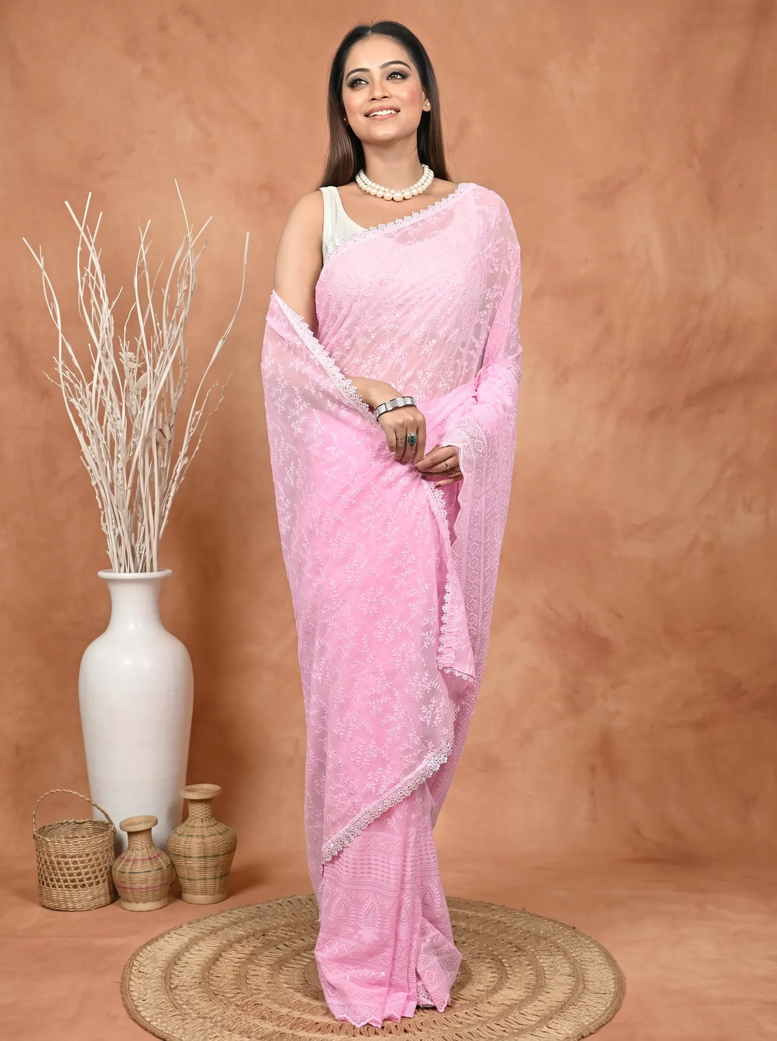 DipDiya Cotton Chikankari  Traditional Bengali Baby Pink Artisan Crafted Parmon Chikankari Saree