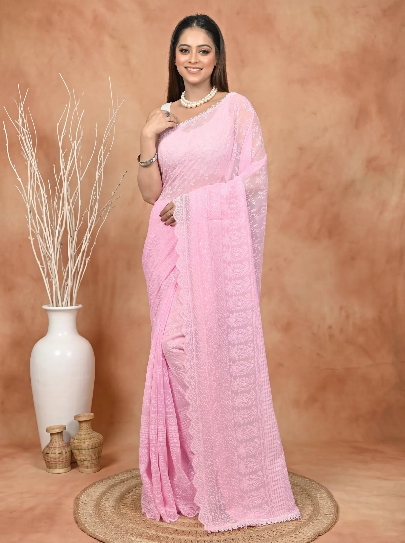 DipDiya Cotton Chikankari  Traditional Bengali Baby Pink Artisan Crafted Parmon Chikankari Saree