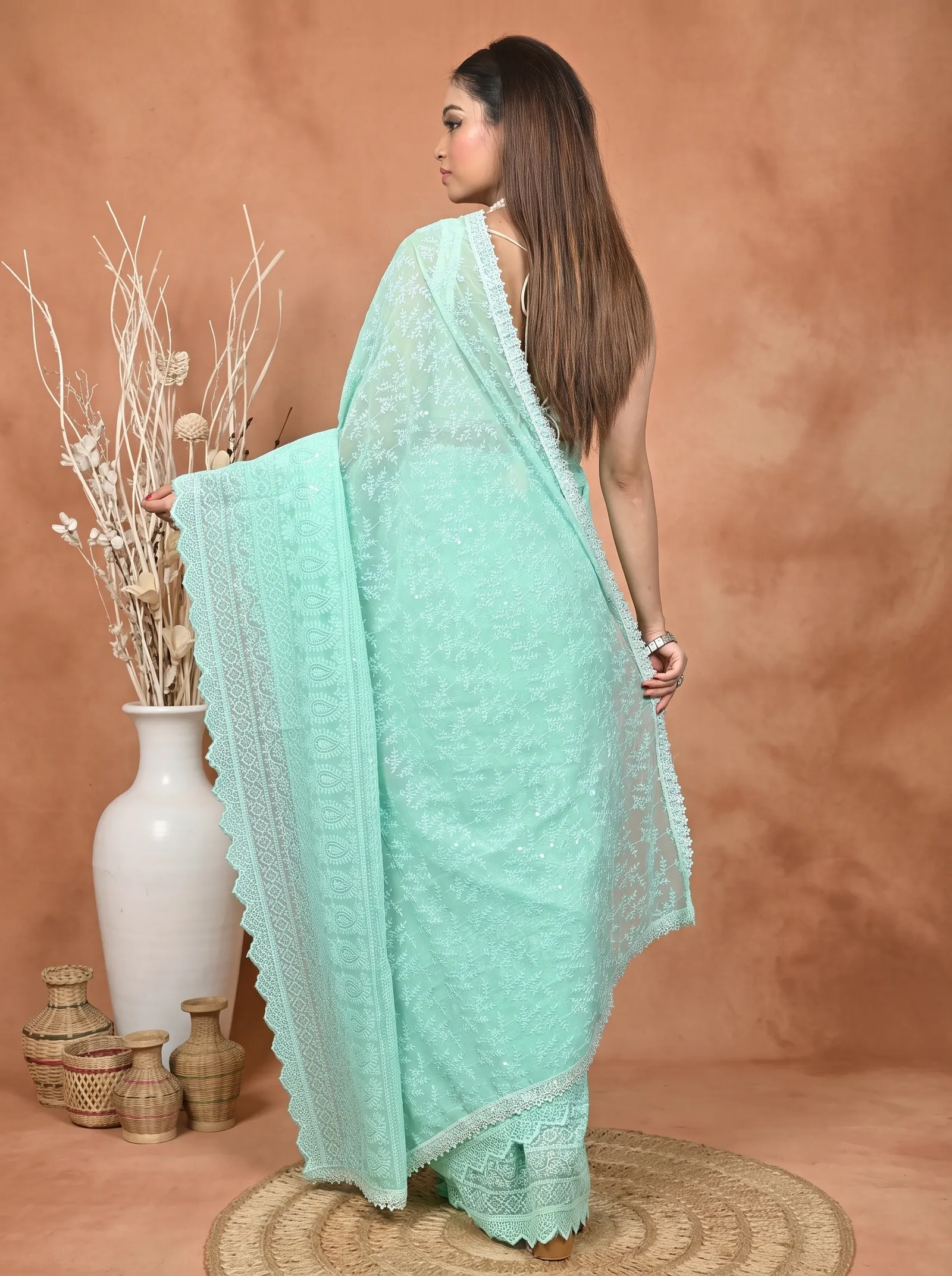 DipDiya Cotton Chikankari  Traditional Bengali Mint Green Artisan Crafted Parmon Chikankari Saree