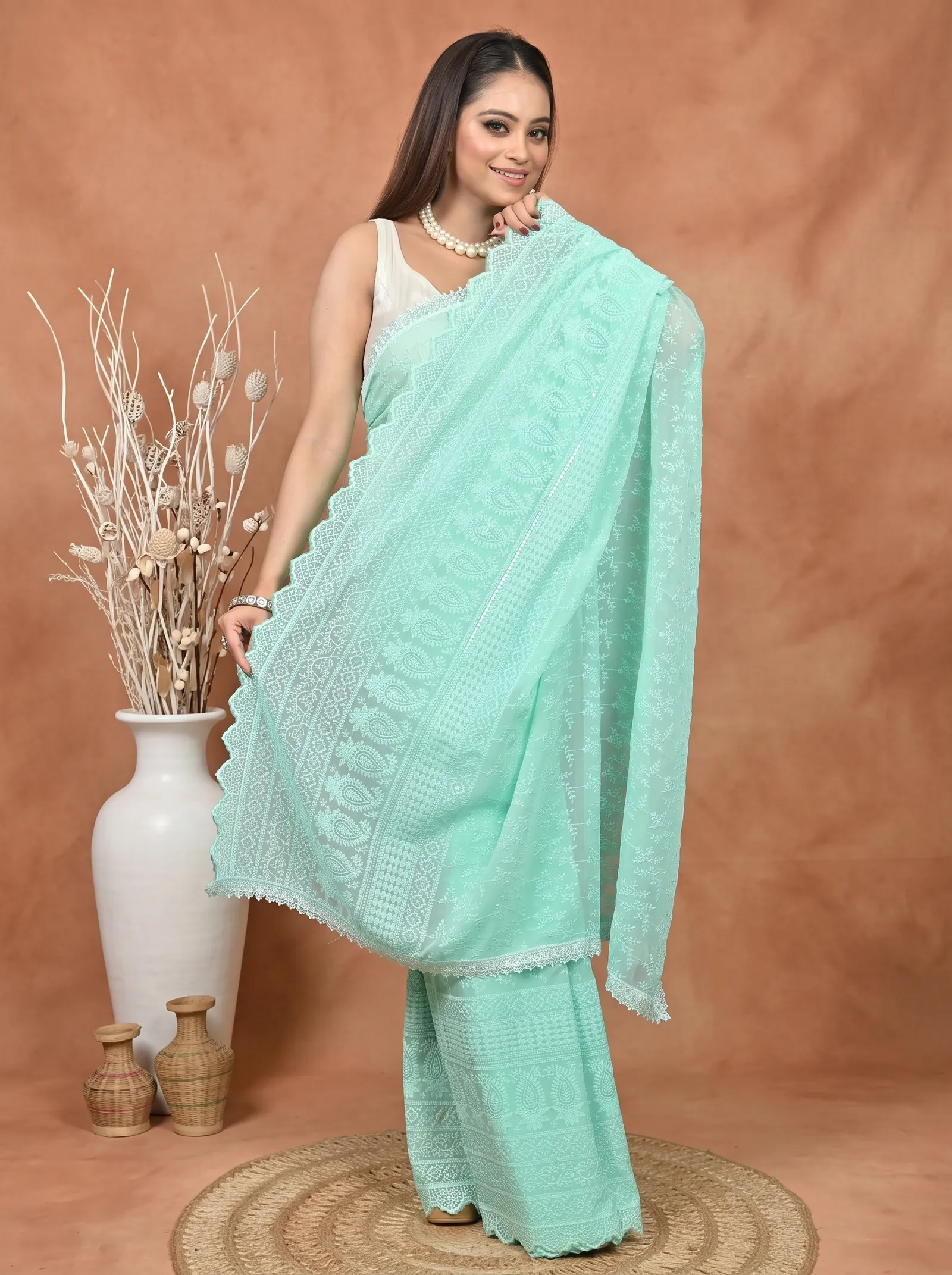 DipDiya Cotton Chikankari  Traditional Bengali Mint Green Artisan Crafted Parmon Chikankari Saree
