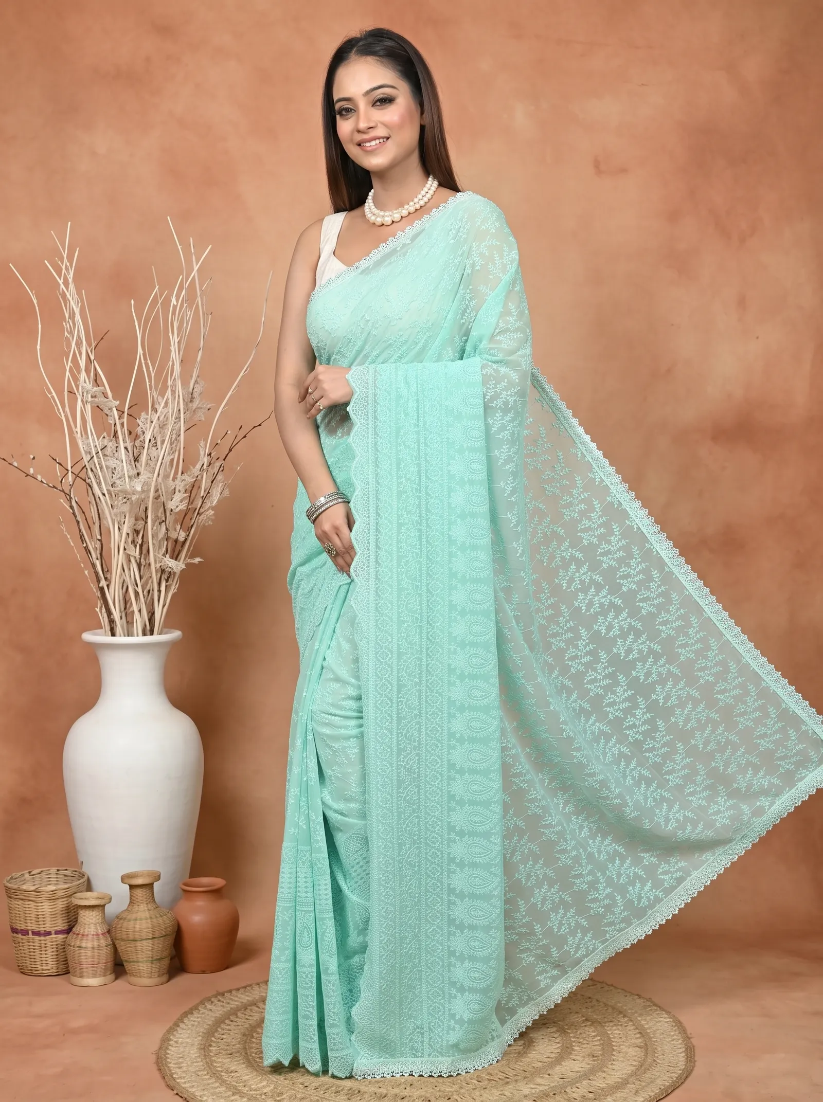 DipDiya Cotton Chikankari  Traditional Bengali Mint Green Artisan Crafted Parmon Chikankari Saree