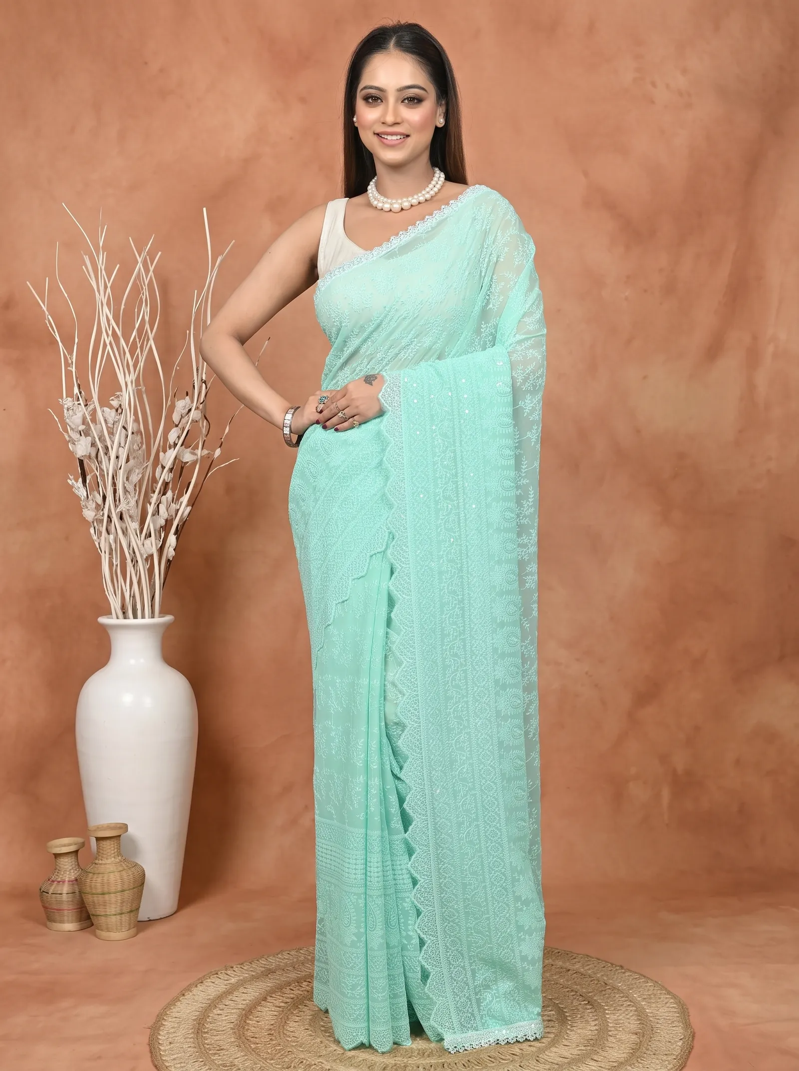 DipDiya Cotton Chikankari  Traditional Bengali Mint Green Artisan Crafted Parmon Chikankari Saree