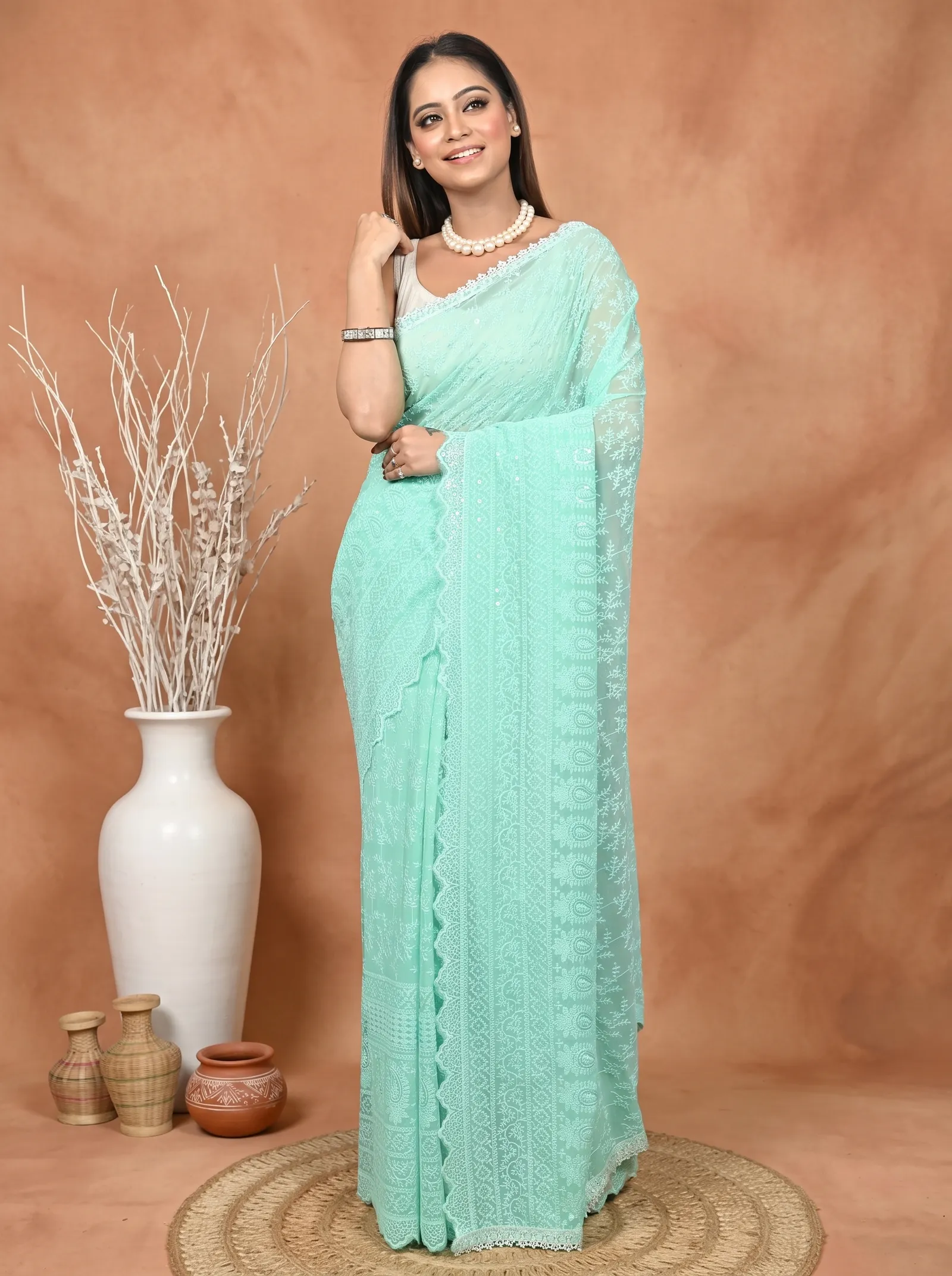 DipDiya Cotton Chikankari  Traditional Bengali Mint Green Artisan Crafted Parmon Chikankari Saree