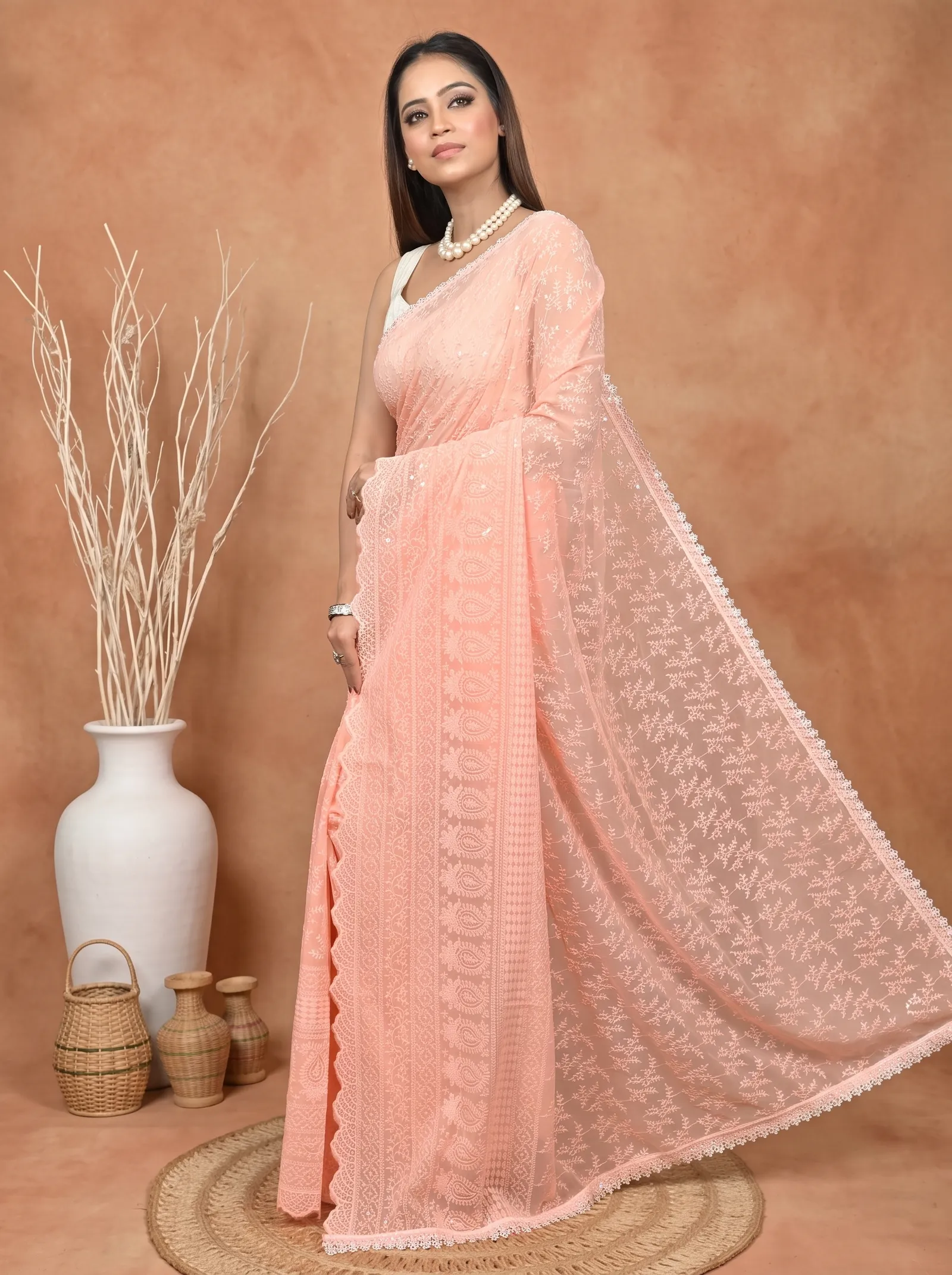 DipDiya Cotton Chikankari  Traditional Bengali Peach Artisan Crafted Parmon Chikankari Saree