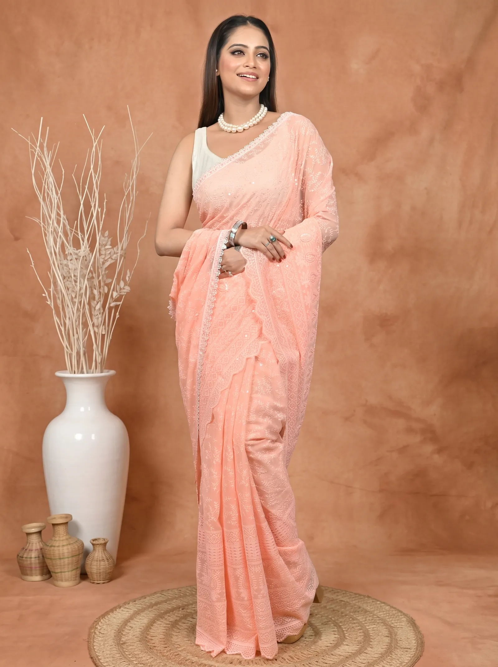 DipDiya Cotton Chikankari  Traditional Bengali Peach Artisan Crafted Parmon Chikankari Saree