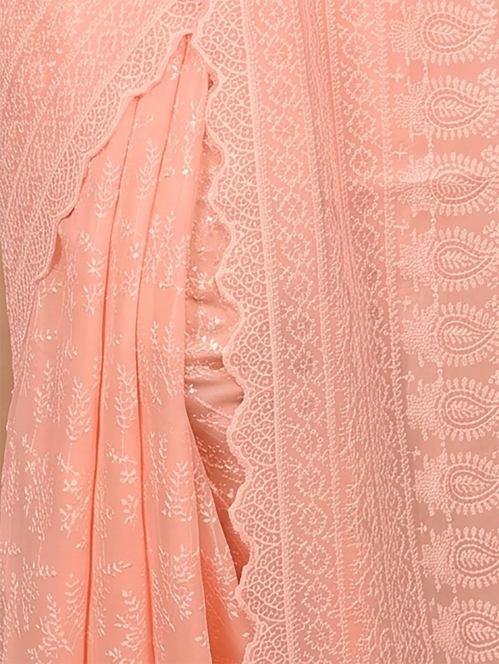 DipDiya Cotton Chikankari  Traditional Bengali Peach Artisan Crafted Parmon Chikankari Saree