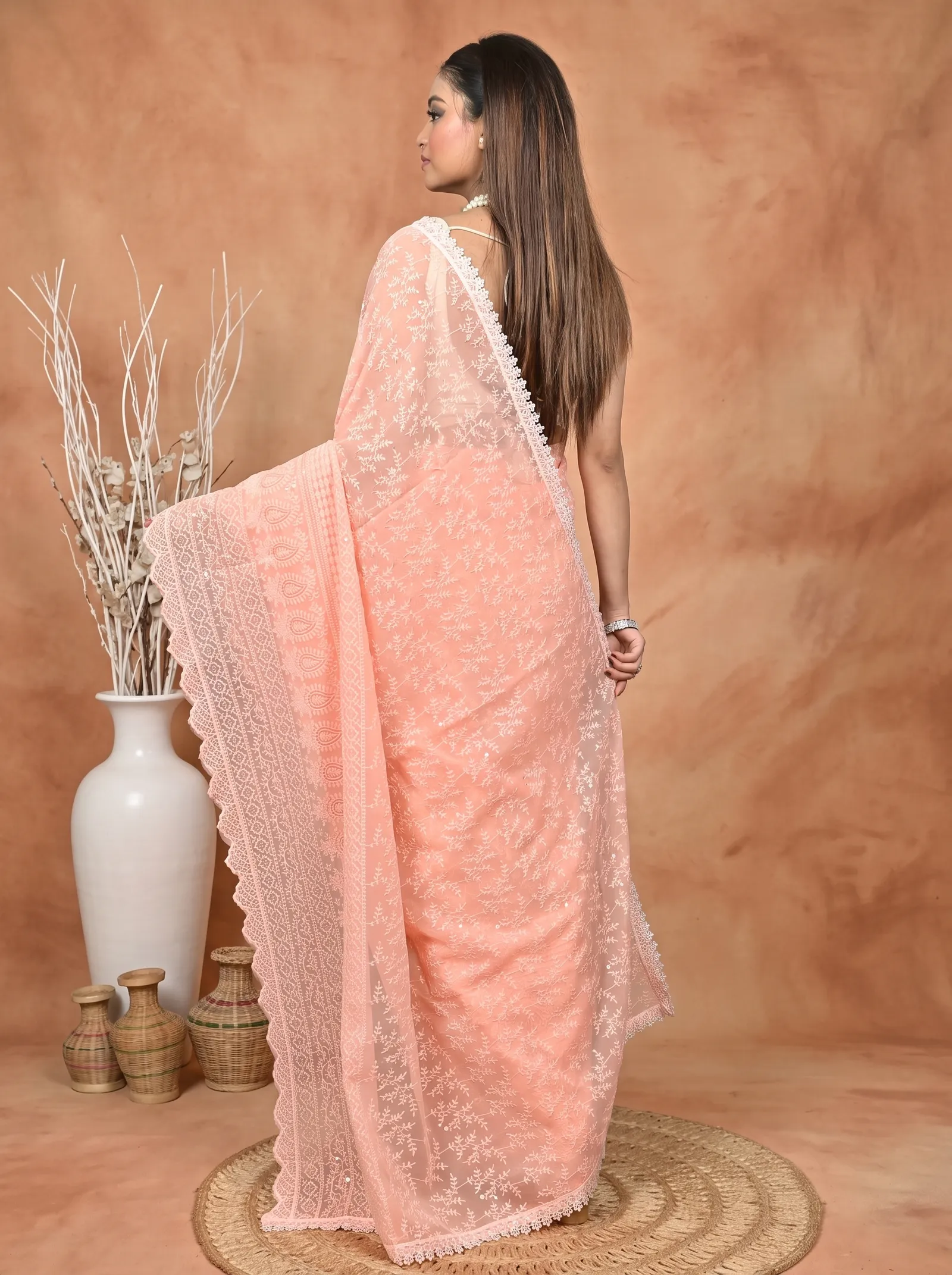 DipDiya Cotton Chikankari  Traditional Bengali Peach Artisan Crafted Parmon Chikankari Saree