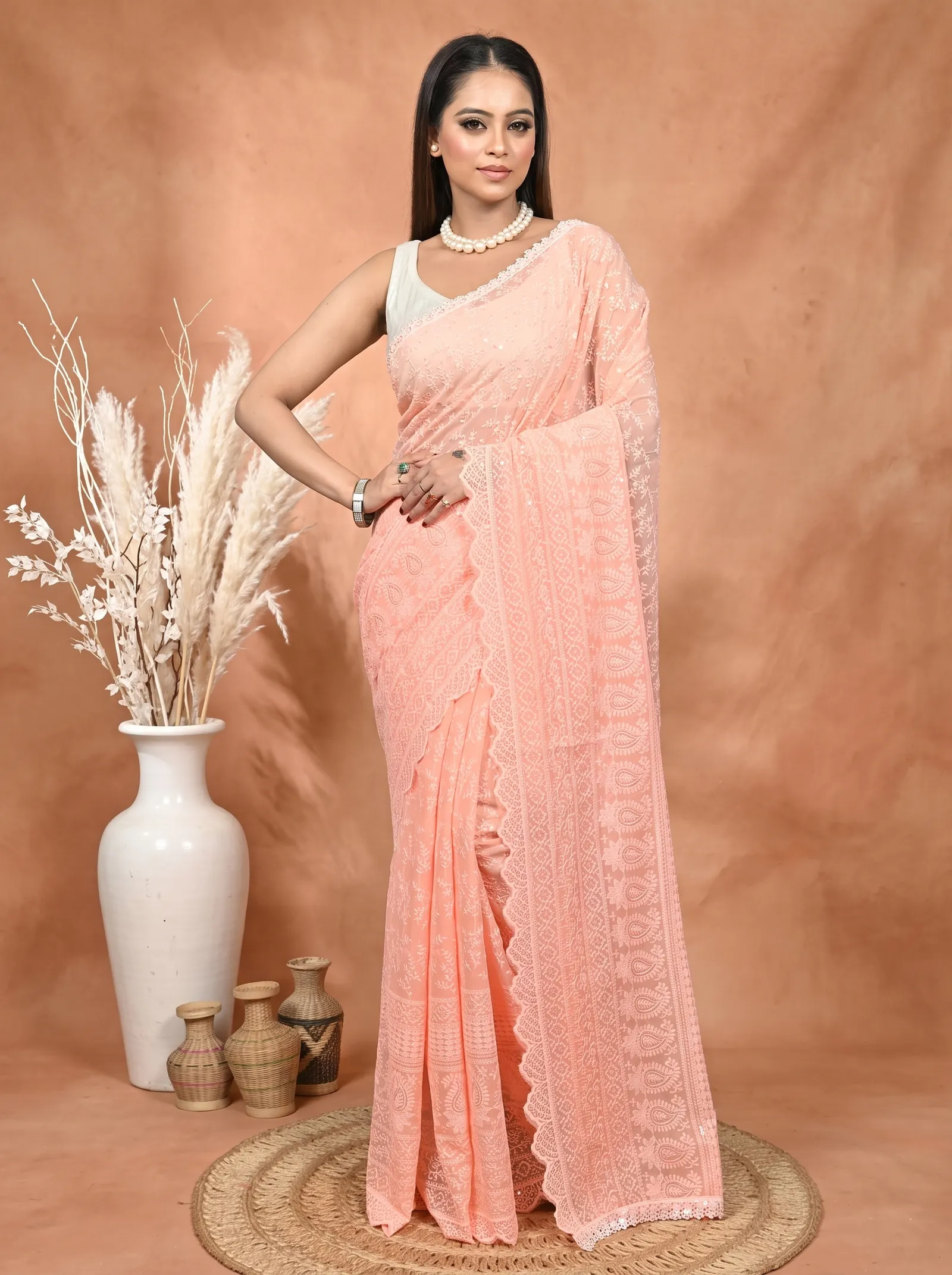 DipDiya Cotton Chikankari  Traditional Bengali Peach Artisan Crafted Parmon Chikankari Saree