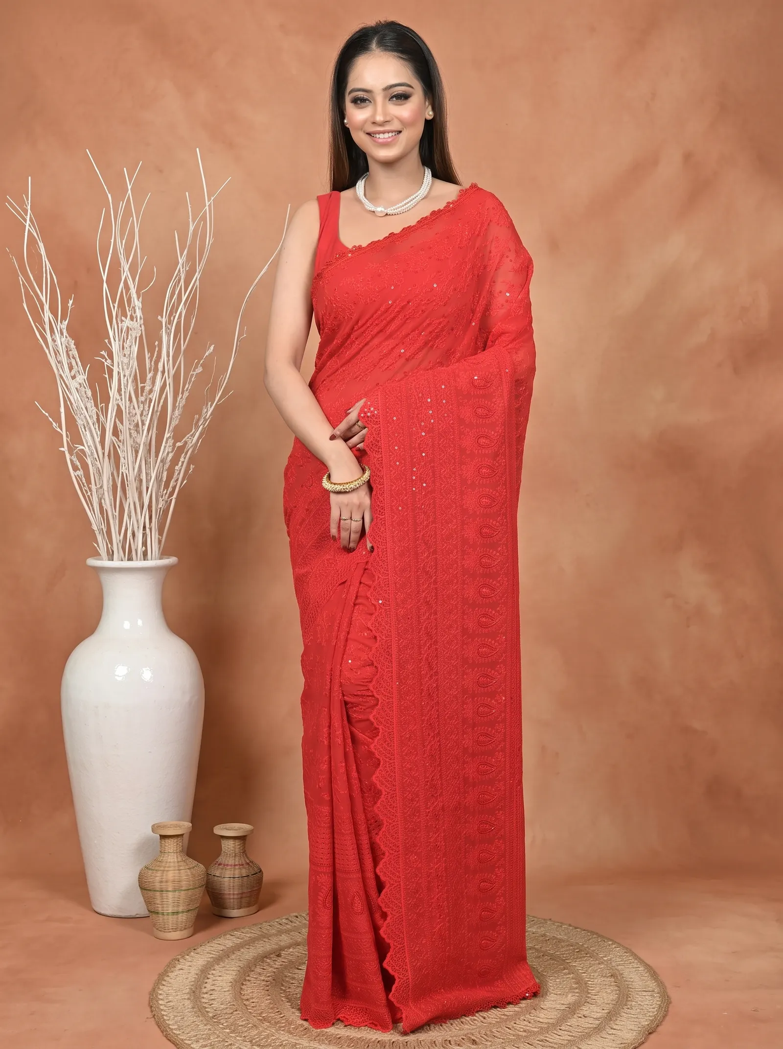DipDiya Cotton Chikankari  Traditional Bengali Red Artisan Crafted Parmon Chikankari Saree