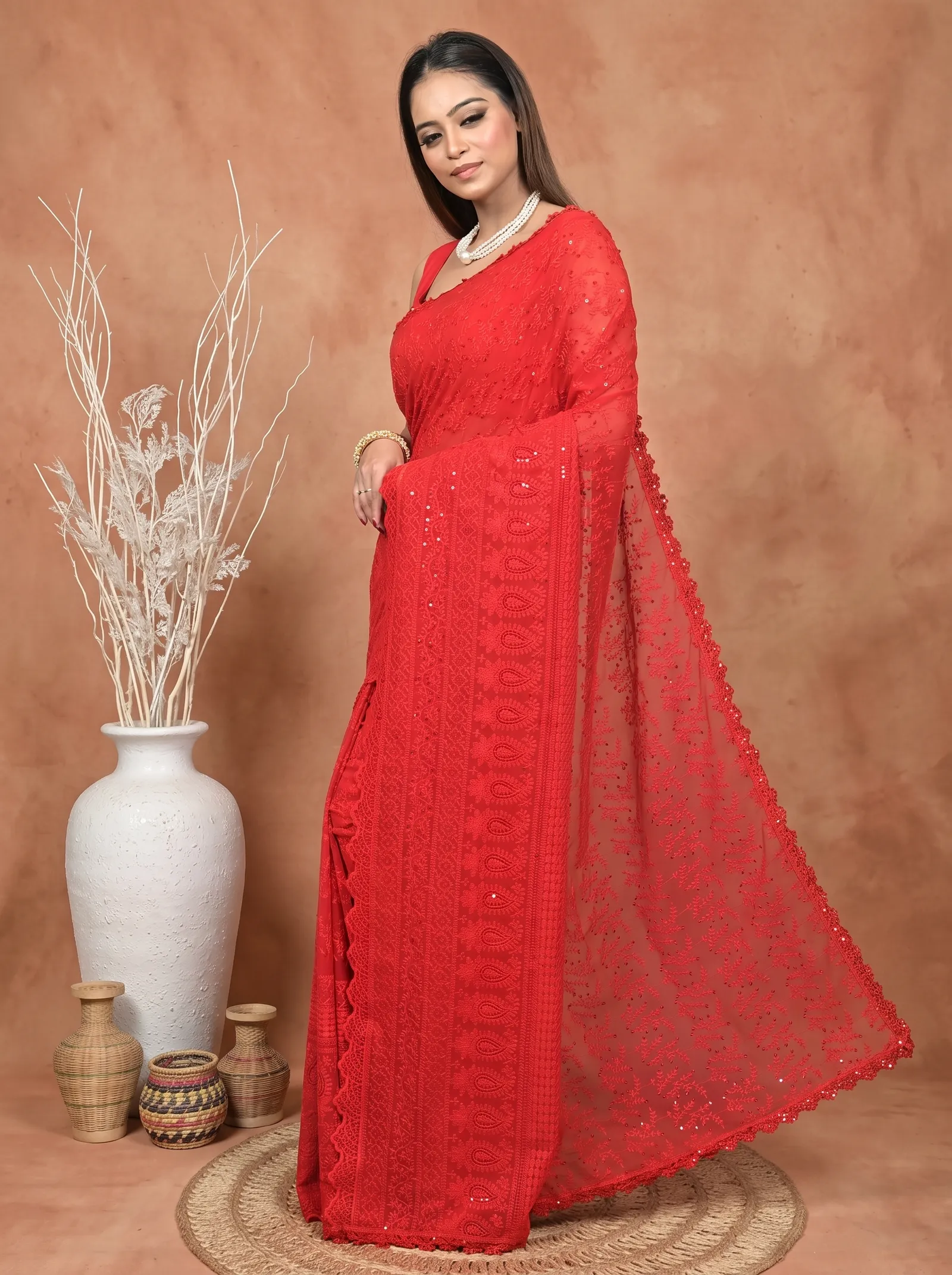 DipDiya Cotton Chikankari  Traditional Bengali Red Artisan Crafted Parmon Chikankari Saree